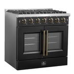 Forno Galiano 36-inch French Door Gas Range Black and Antique Brass Design, 6 Sealed Burners 83,000 BTU, 5.36 cu.ft. Convection Oven - BonPrix Électroménagers