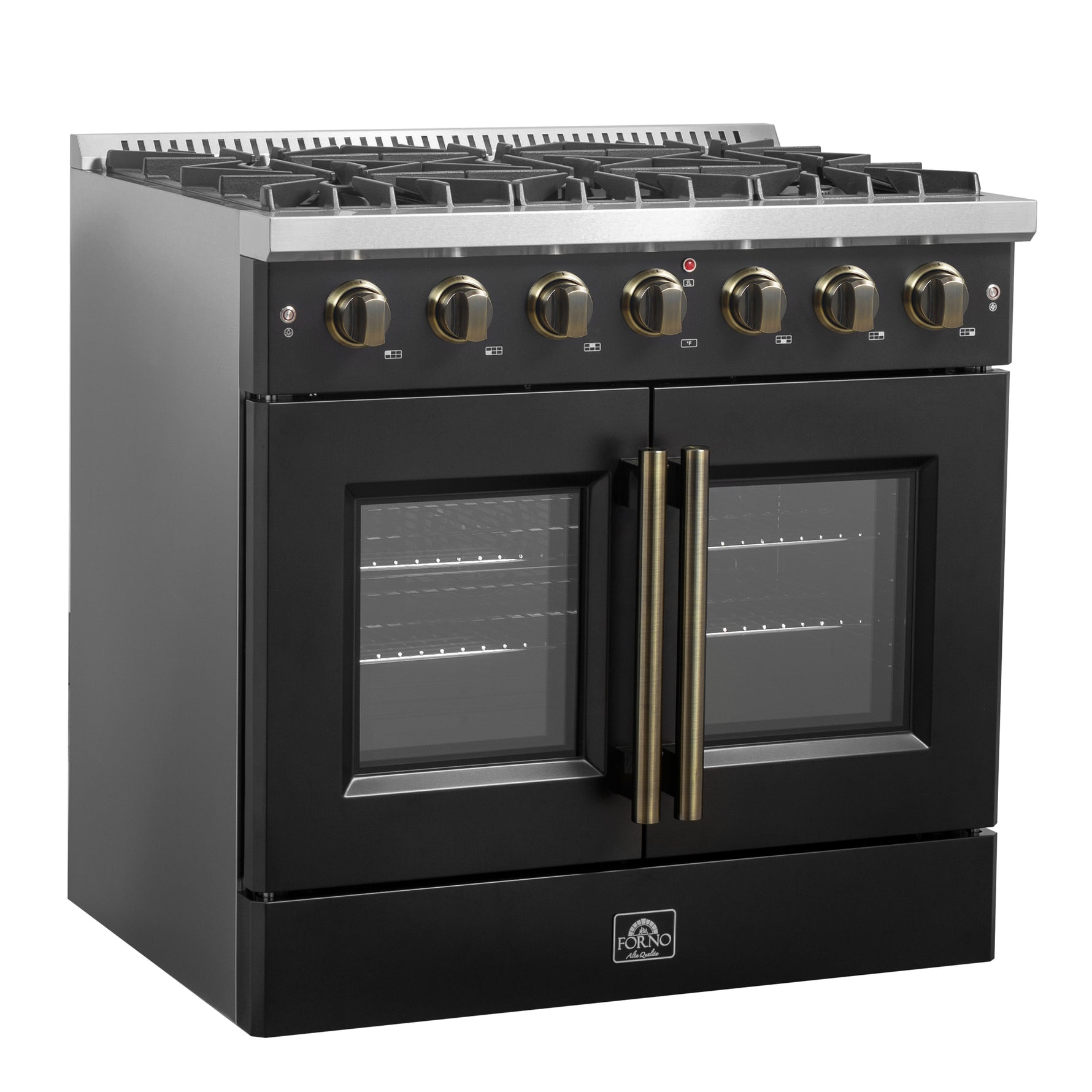 Forno Galiano 36-inch French Door Gas Range Black and Antique Brass Design, 6 Sealed Burners 83,000 BTU, 5.36 cu.ft. Convection Oven - BonPrix Électroménagers