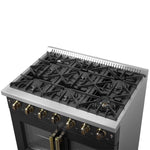 Forno Galiano 36-inch French Door Gas Range Black and Antique Brass Design, 6 Sealed Burners 83,000 BTU, 5.36 cu.ft. Convection Oven - BonPrix Électroménagers