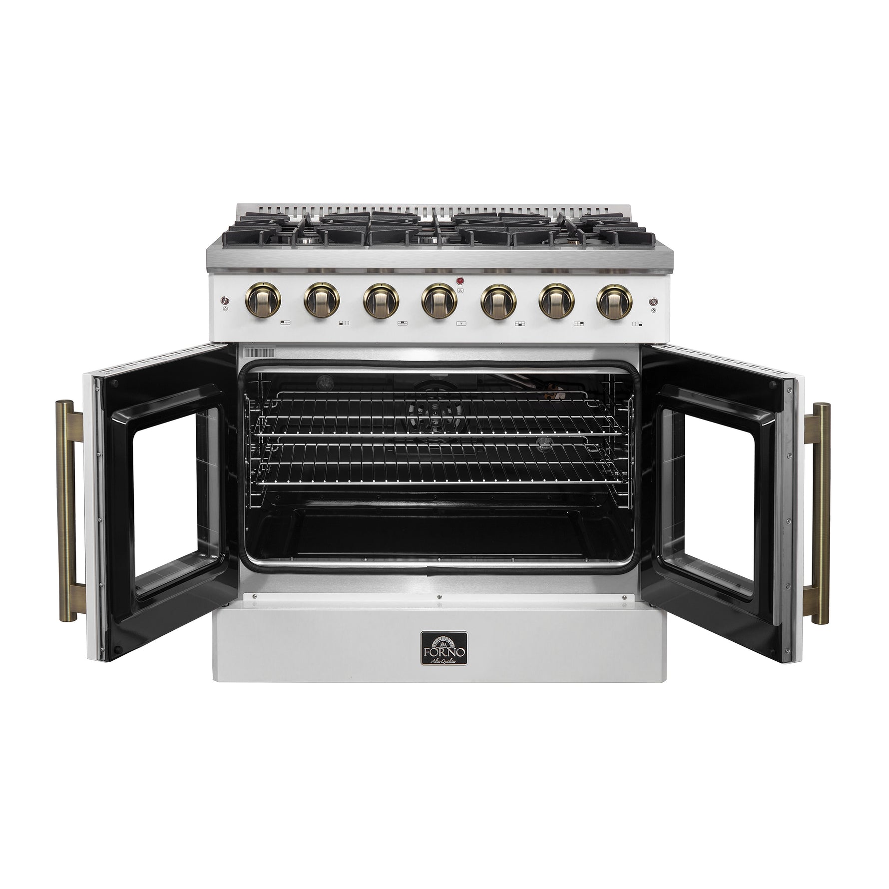 Forno Galiano 36-inch French Door Gas Range White and Antique Brass Design, 6 Sealed Burners 83,000 BTU, 5.36 cu.ft. Convection Oven - BonPrix Électroménagers