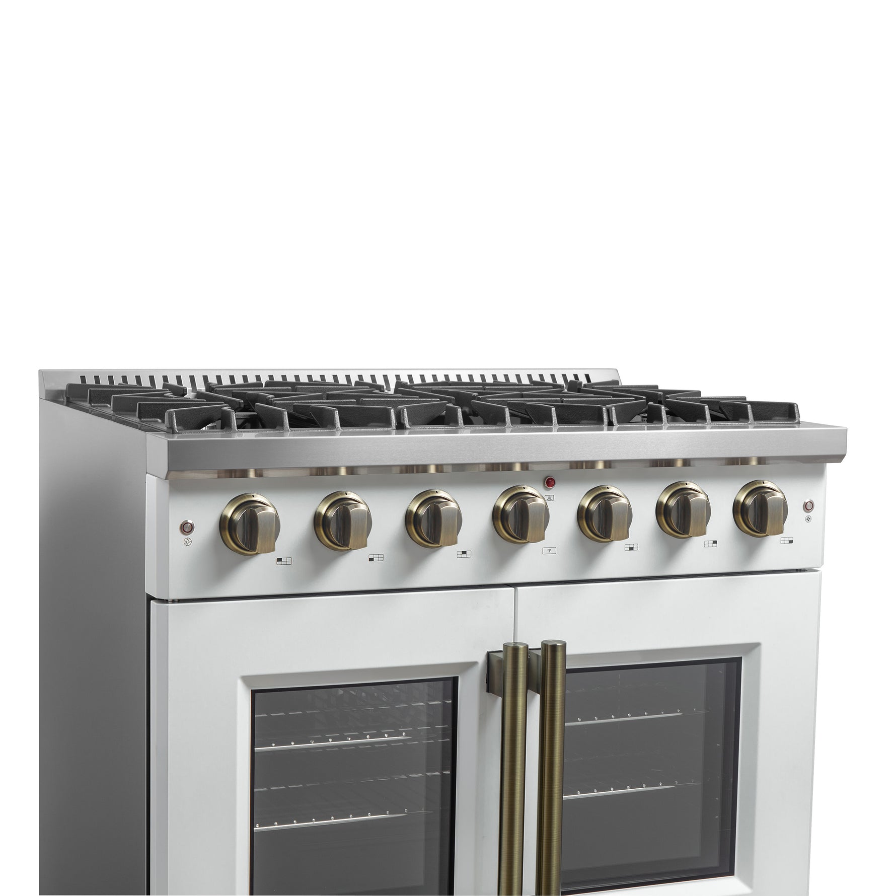 Forno Galiano 36-inch French Door Gas Range White and Antique Brass Design, 6 Sealed Burners 83,000 BTU, 5.36 cu.ft. Convection Oven - BonPrix Électroménagers