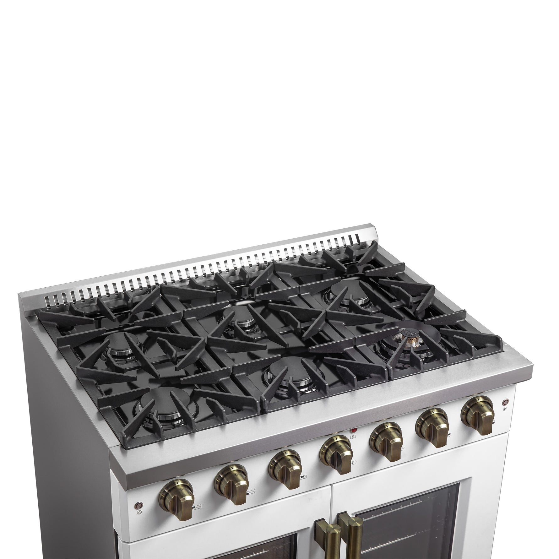 Forno Galiano 36-inch French Door Gas Range White and Antique Brass Design, 6 Sealed Burners 83,000 BTU, 5.36 cu.ft. Convection Oven - BonPrix Électroménagers