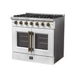 Forno Galiano 36-inch French Door Gas Range White and Antique Brass Design, 6 Sealed Burners 83,000 BTU, 5.36 cu.ft. Convection Oven - BonPrix Électroménagers