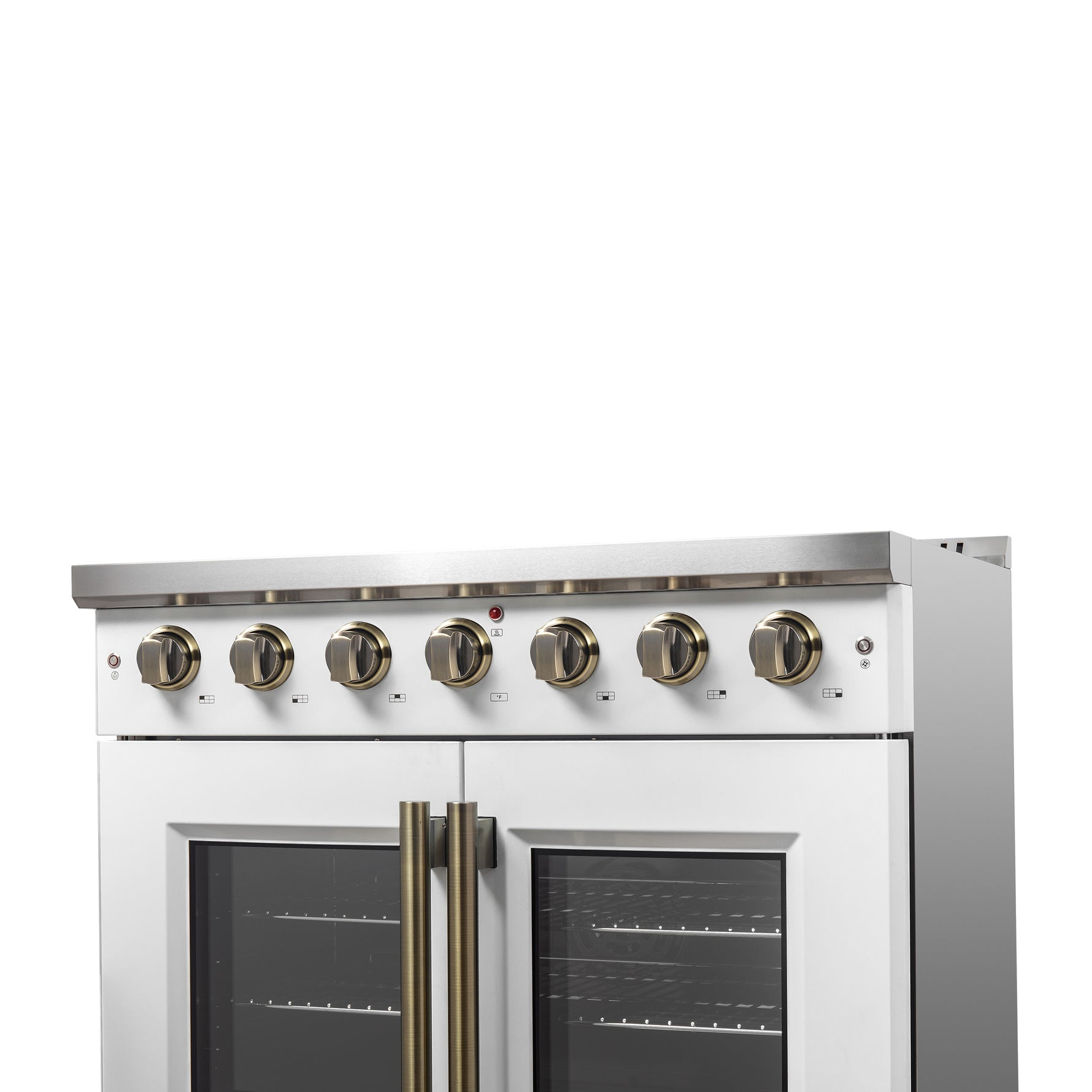 Forno Galiano 36-inch French Door Gas Range White and Antique Brass Design, 6 Sealed Burners 83,000 BTU, 5.36 cu.ft. Convection Oven - BonPrix Électroménagers
