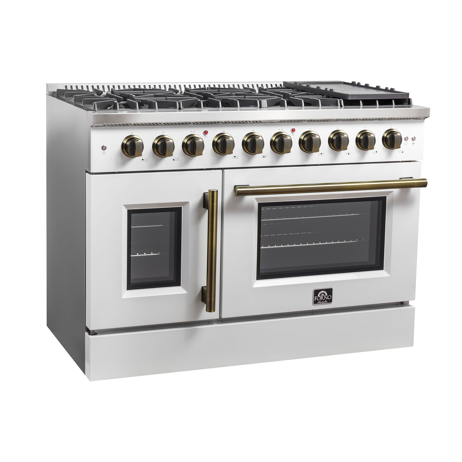 Forno Galiano 48-Inch Freestanding French Door Gas Range, White & Antique Brass - BonPrix Électroménagers