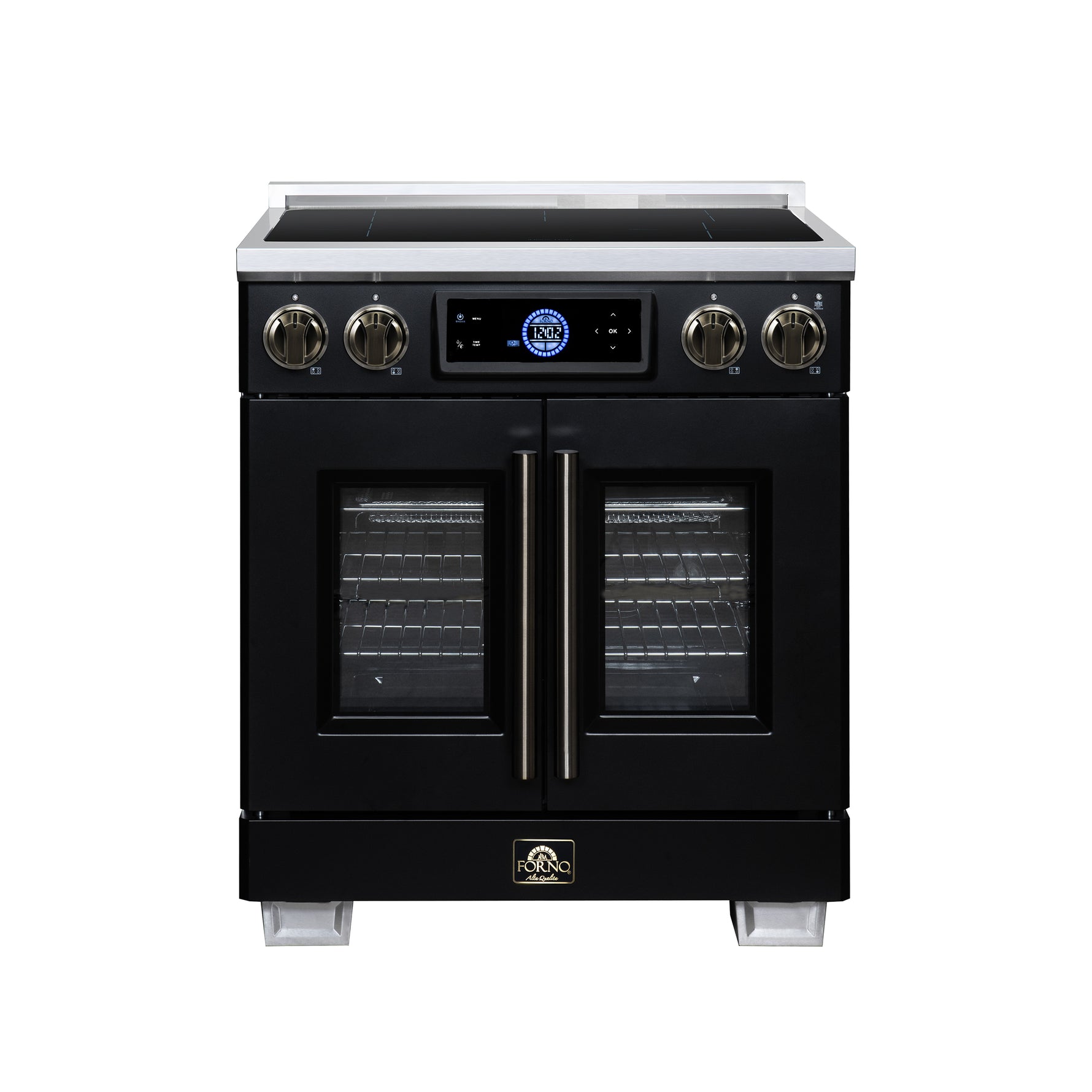 Maximus 30-Inch Induction range, French Door, 4 Cooking Zones, 4.32 cf. Convection Oven, Air Sous Vide, Air Fry Basket, Black