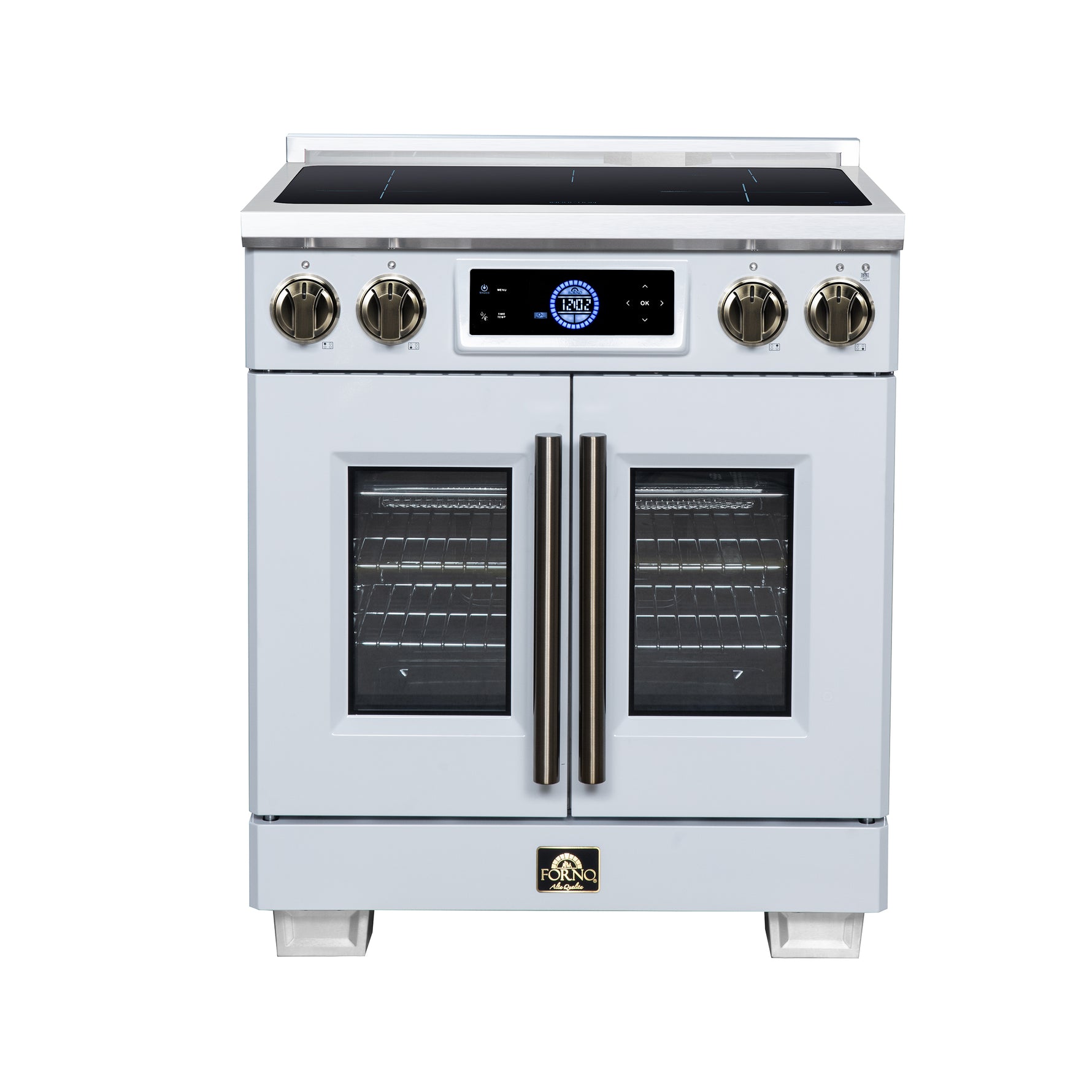 Maximus 30-Inch Induction range, French Door, 4 Cooking Zones, 4.32 cf. Convection Oven, Air Sous Vide, Air Fry Basket, White