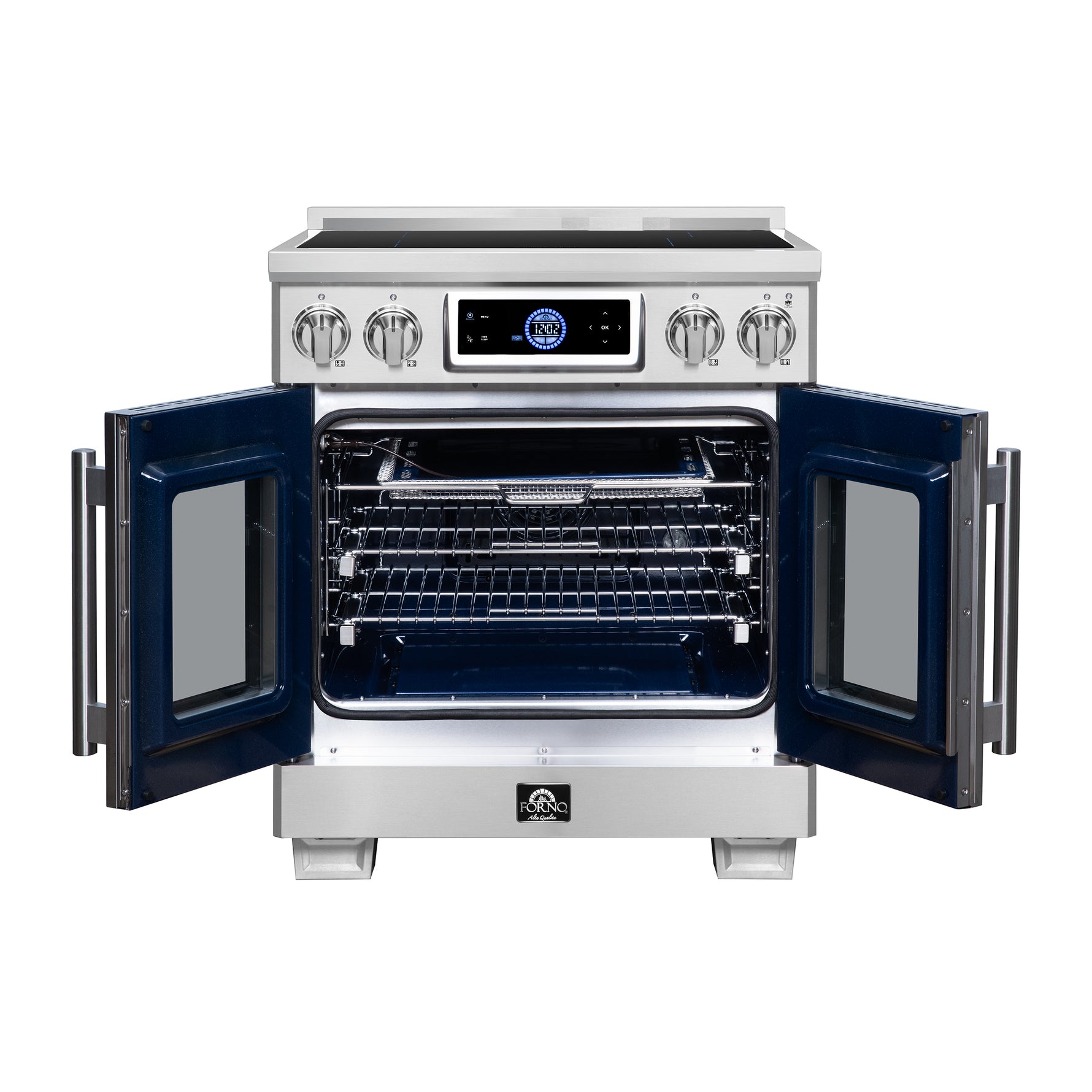 Maximus 30-Inch Induction range, French Door, 4 Cooking Zones, 4.32 cf. Convection Oven, Air Sous Vide, Air Fry Basket, Stainless Steel
