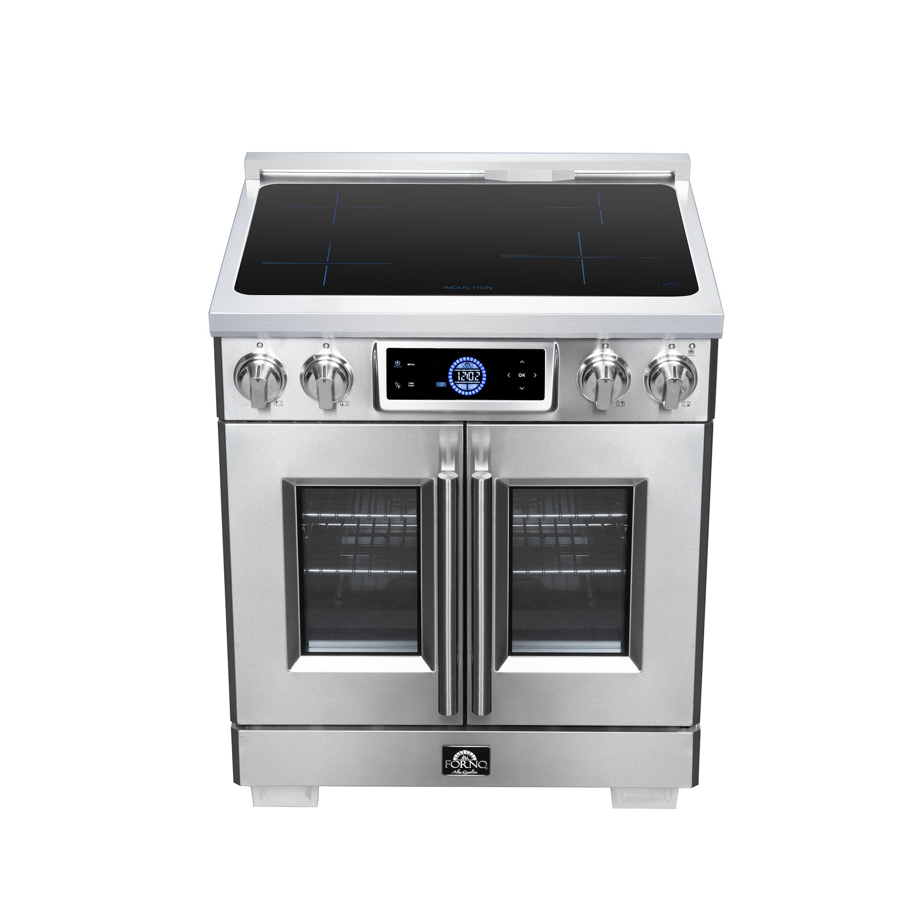 Maximus 30-Inch Induction range, French Door, 4 Cooking Zones, 4.32 cf. Convection Oven, Air Sous Vide, Air Fry Basket, Stainless Steel