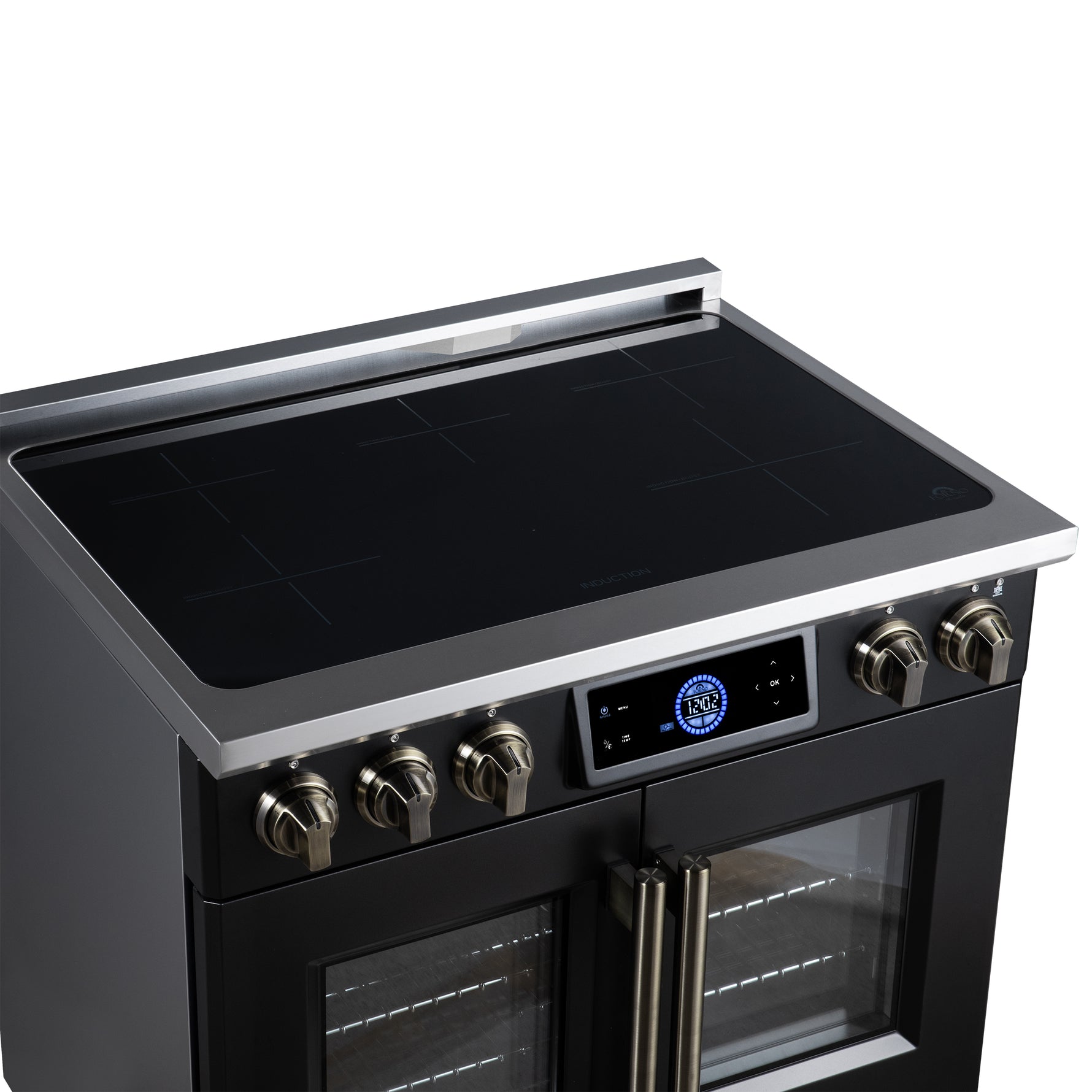 Maximus 36-Inch Induction range, French Door, 5 Cooking Zones, 5.36 cf. Convection Oven, Air Sous Vide, Air Fry Basket, Black