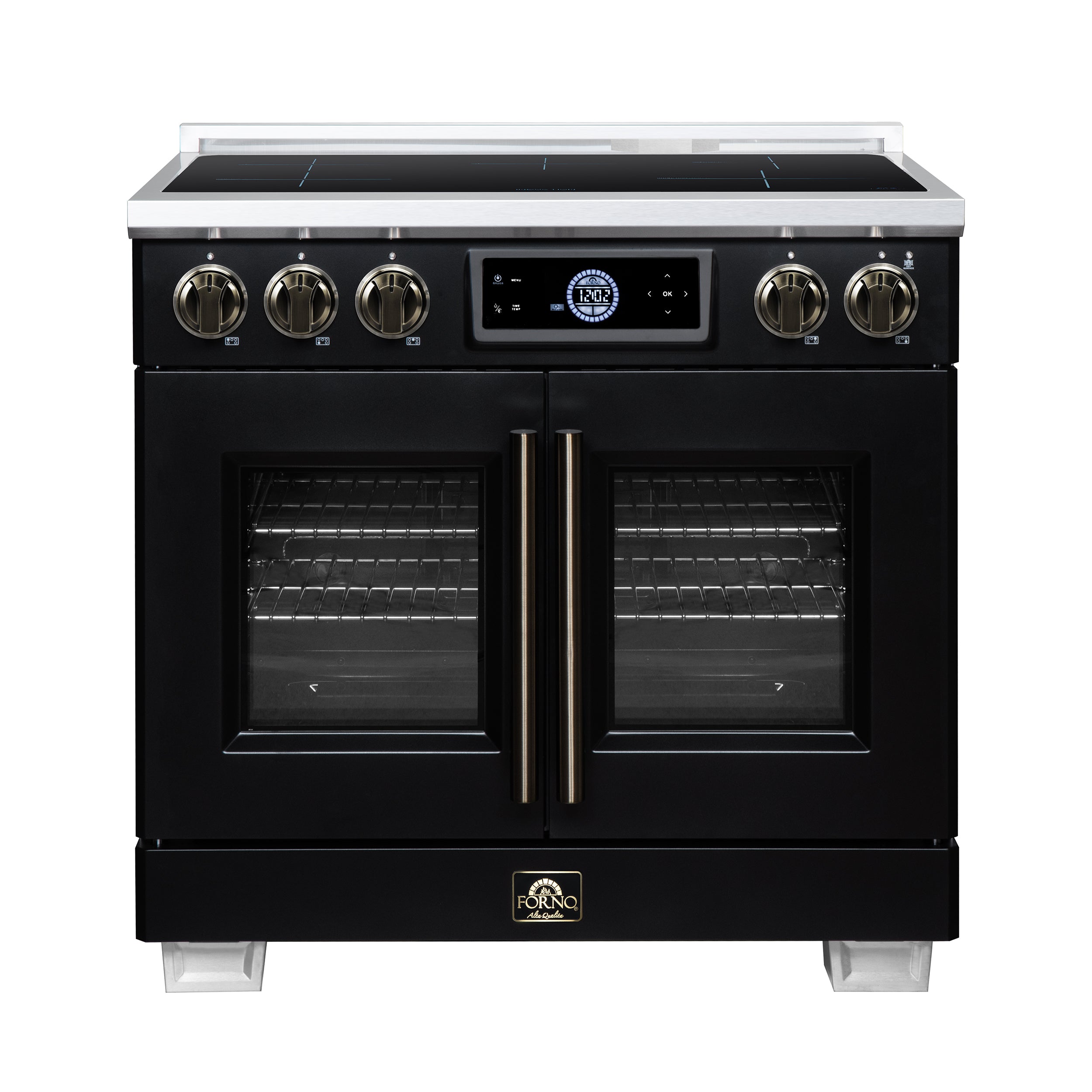 Maximus 36-Inch Induction range, French Door, 5 Cooking Zones, 5.36 cf. Convection Oven, Air Sous Vide, Air Fry Basket, Black