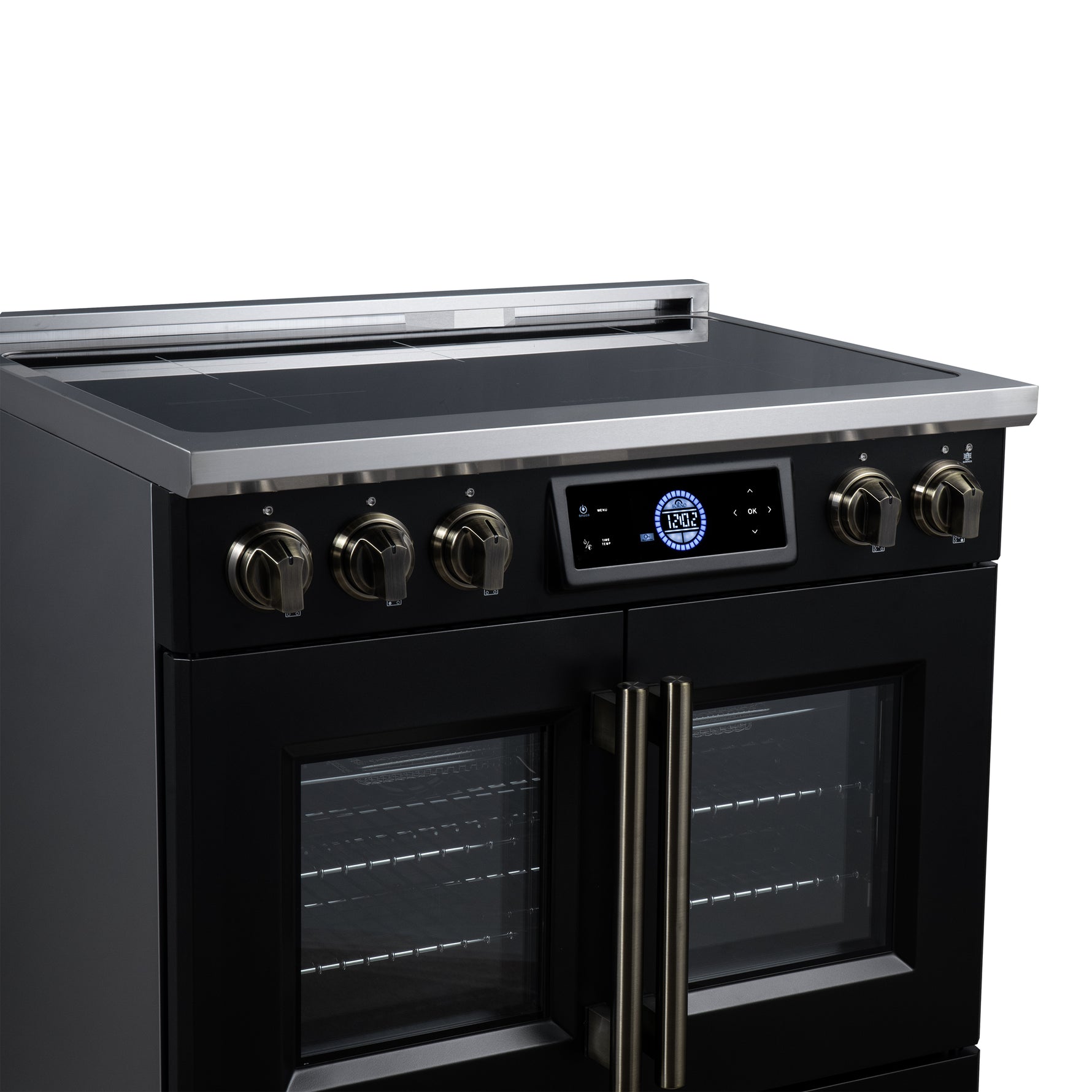 Maximus 36-Inch Induction range, French Door, 5 Cooking Zones, 5.36 cf. Convection Oven, Air Sous Vide, Air Fry Basket, Black