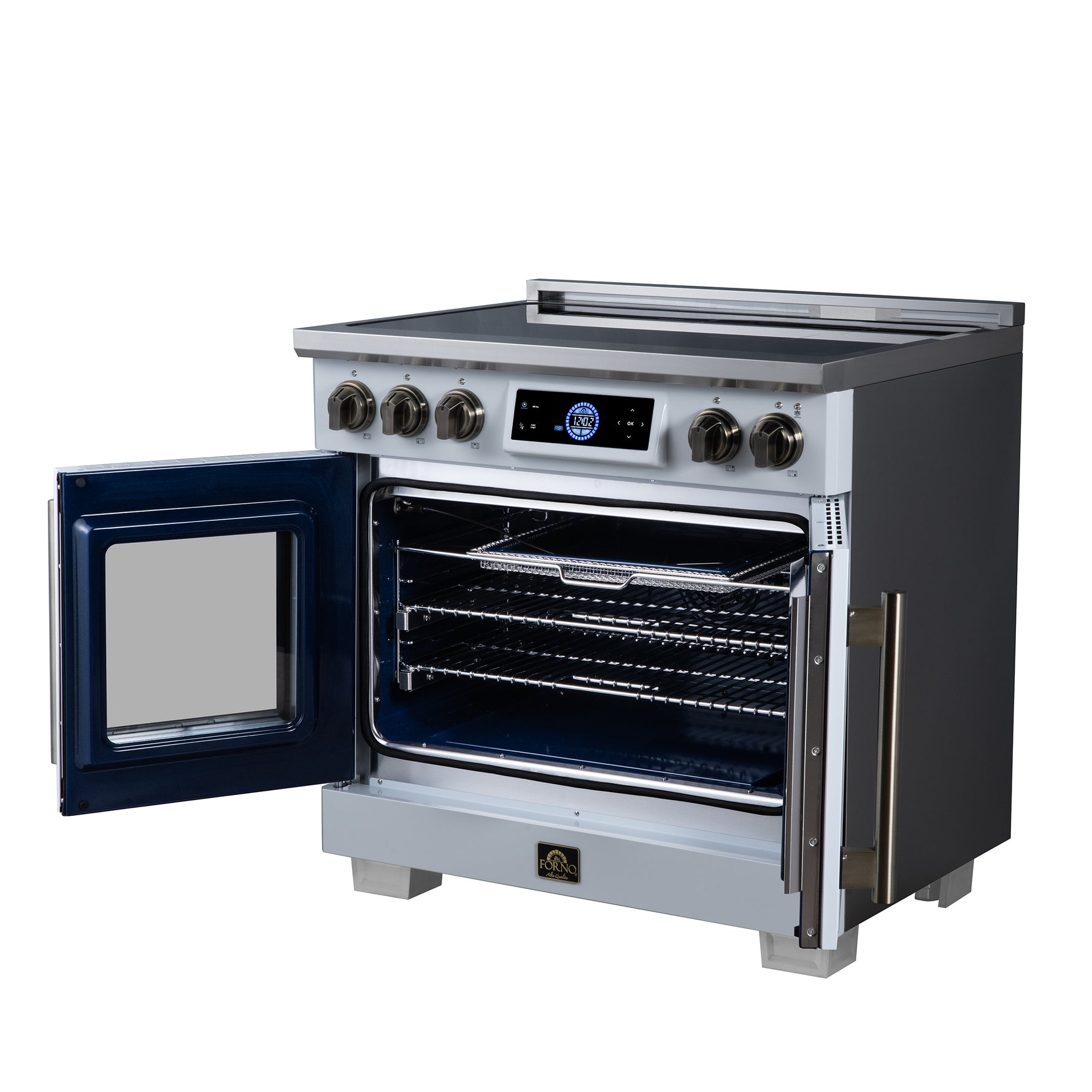 Maximus 36-Inch Induction range, French Door, 5 Cooking Zones, 5.36 cf. Convection Oven, Air Sous Vide, Air Fry Basket, White