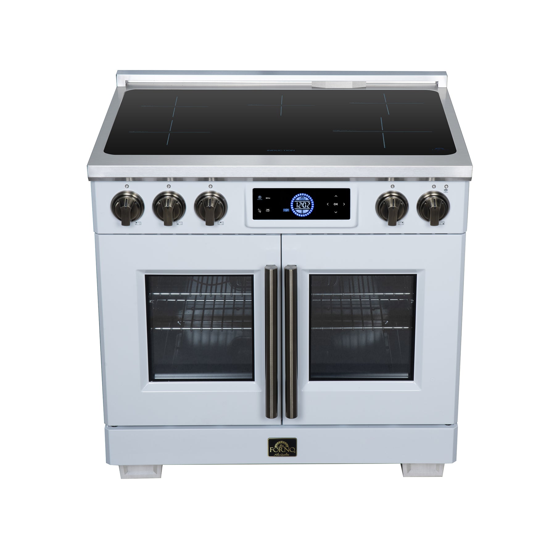 Maximus 36-Inch Induction range, French Door, 5 Cooking Zones, 5.36 cf. Convection Oven, Air Sous Vide, Air Fry Basket, White