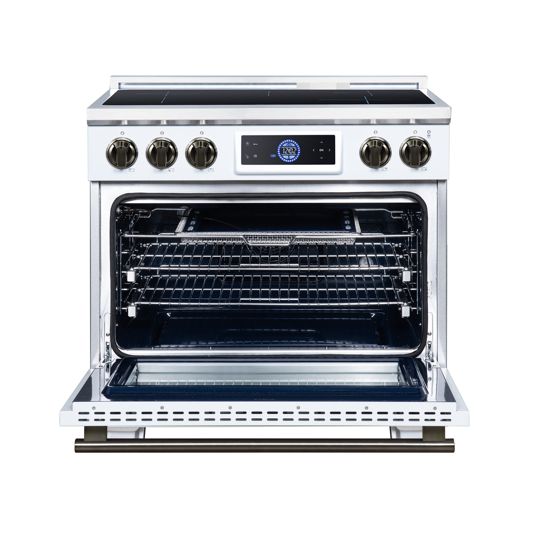 Maximus 36 Inch Induction Range, 10,900 Total Cooktop, 5.36 cf. True Convection Oven, Air Fryer, Air Sous Vide, White