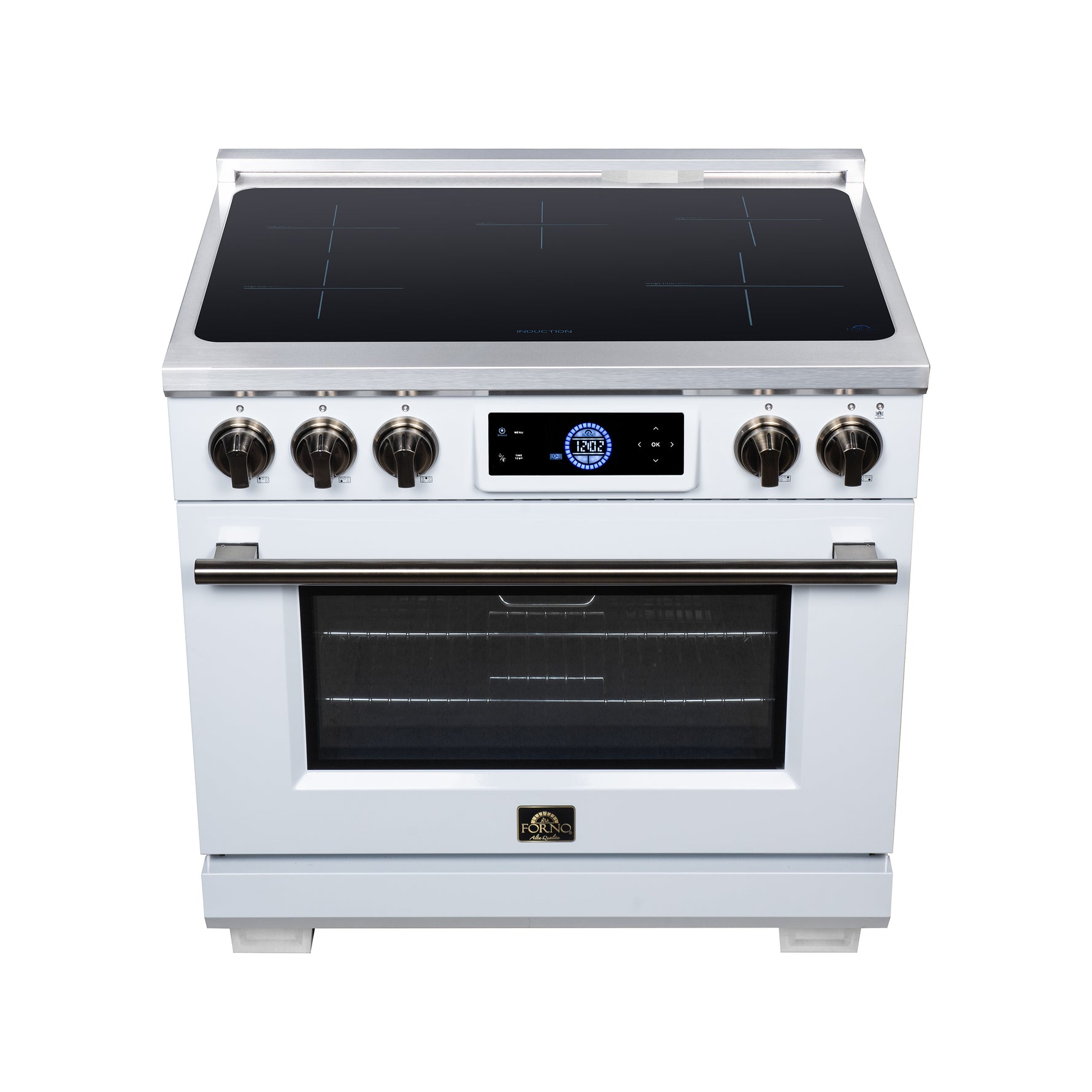 Maximus 36 Inch Induction Range, 10,900 Total Cooktop, 5.36 cf. True Convection Oven, Air Fryer, Air Sous Vide, White