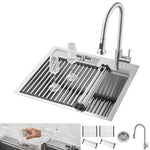 FORNO ACQUA L24" X W22" X D10" 18ga Stainless Steel 304 2-Level MultiSINK Kit with Glass Rinser, 3 Function Stainless Steel Pull-Down Kitchen Faucet, 4 Roll-Up Grids and 1 Strainer