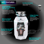 FORNO ACQUA BrightDIAMOND Moonstone 1HP Super Quiet Garbage Disposal Corded with Motion Sensor Cabinet Light & Pre-Wired Air Switch