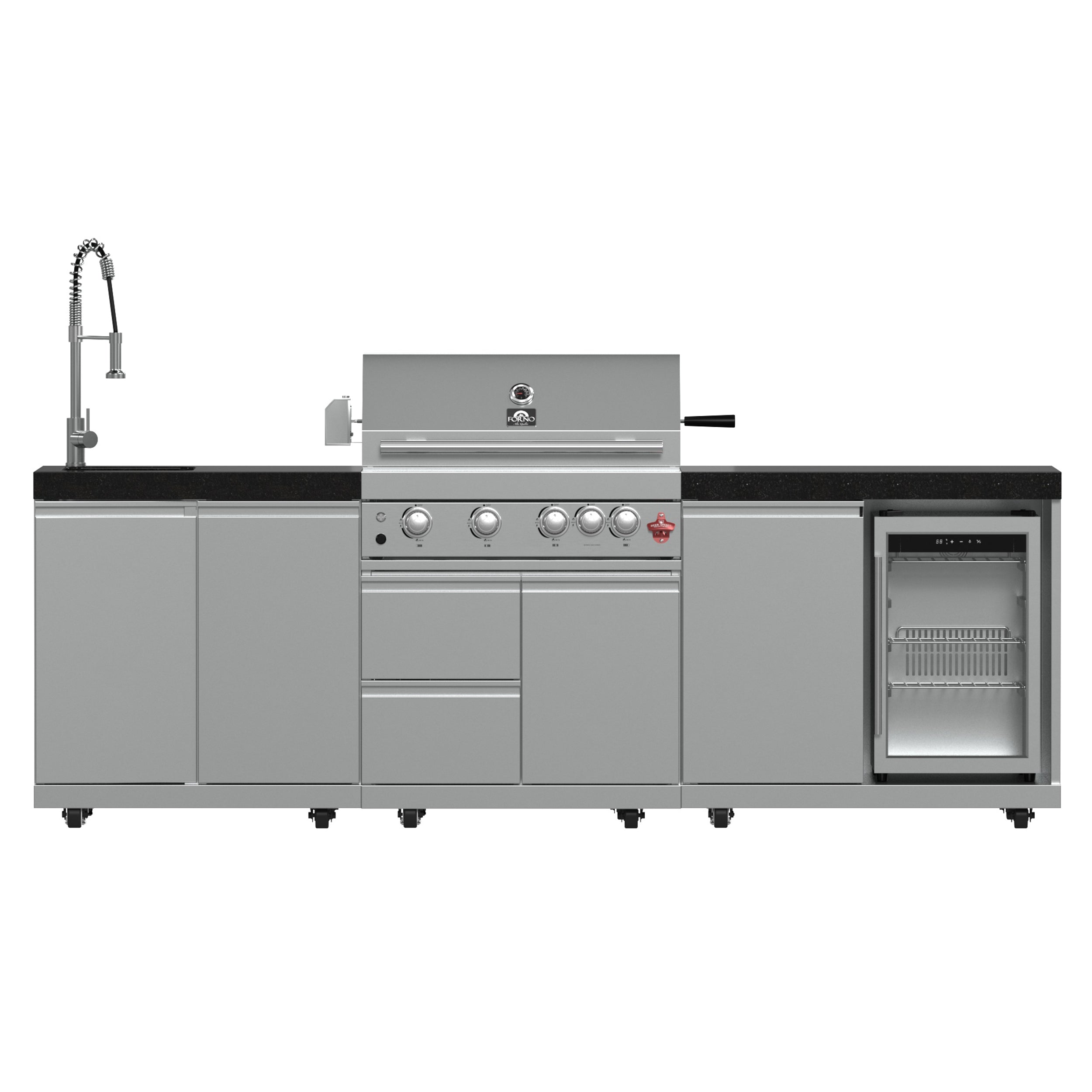FORNO Bulnes 30-Inch BBQ, 60,000 BTU, 3 Burners with Sear & Rotisserie Infrared Burners, Stainless Steel Outdoor Kitchen with 1.8 cu.ft. Beverage Center & Black Granite Countertops - BonPrix Électroménagers