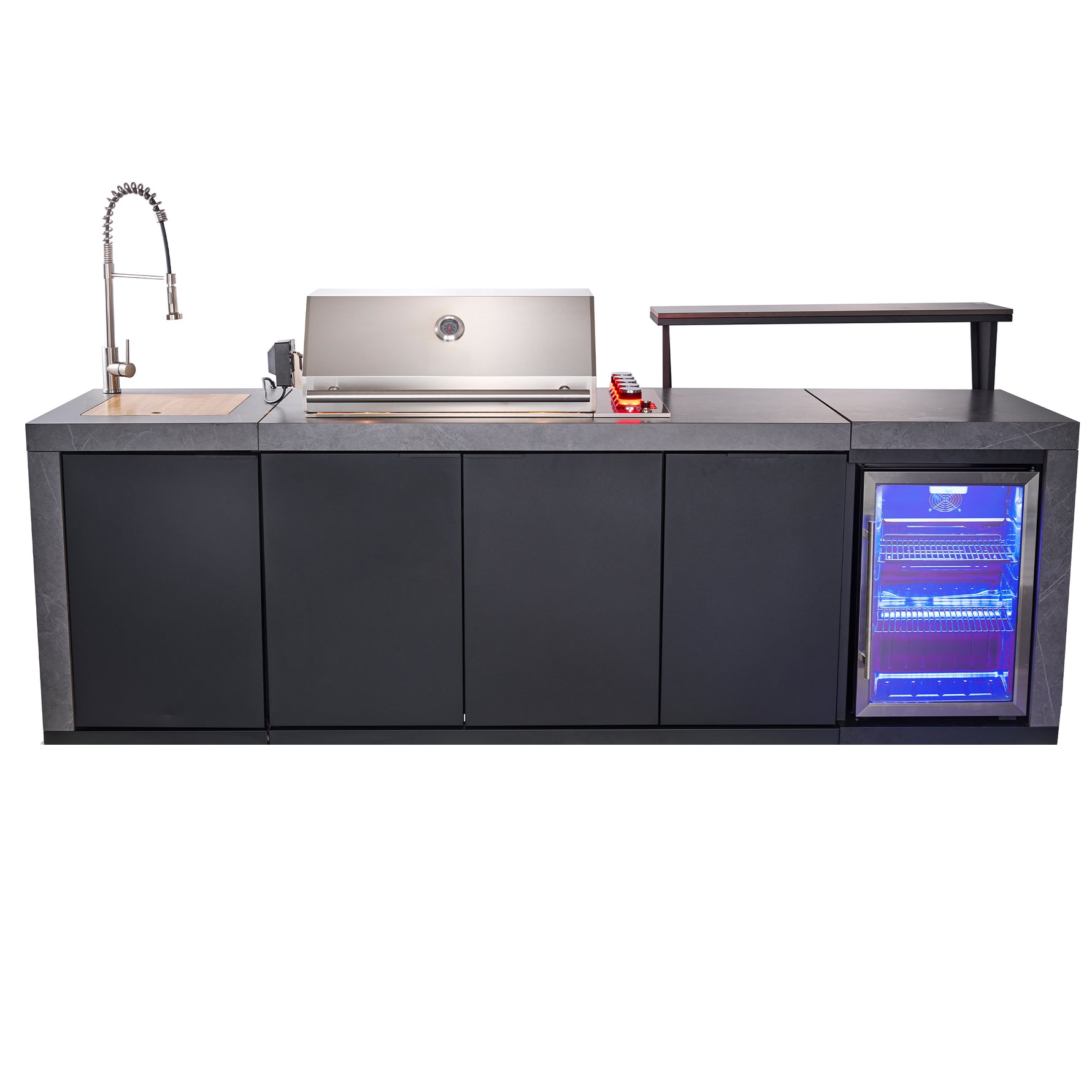 Forno Rimini Outdoor Kitchen 30" BBQ 62,600 BTU, 3 Burners with Sear & Rotisserie, 2.4 cu.ft. Beverage Center, Stainless Steel Sink, Black Cabinets & Gray Sintered Stone Countertop - BonPrix Électroménagers