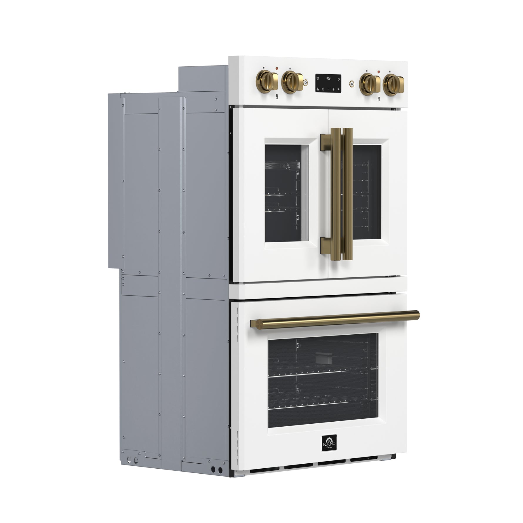 Forno Asti 30-Inch Double Electric Wall Oven with Upper French Doors in White & Antique Brass, 7.36 cu. ft. Dual True Convection, 7,200W, Air Fry, Sous Vide, Self-Clean - BonPrix Électroménagers
