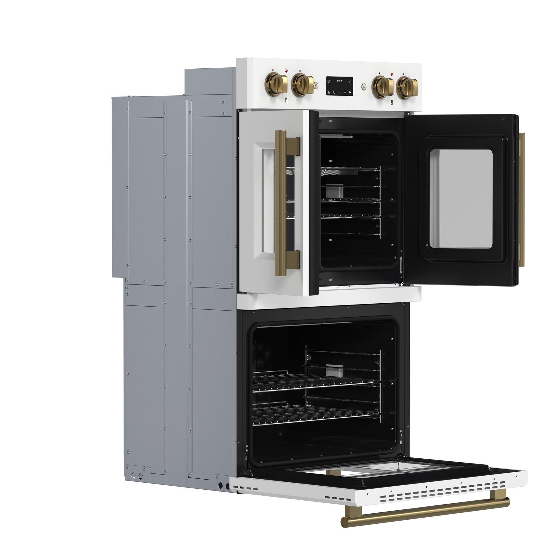 Forno Asti 30-Inch Double Electric Wall Oven with Upper French Doors in White & Antique Brass, 7.36 cu. ft. Dual True Convection, 7,200W, Air Fry, Sous Vide, Self-Clean - BonPrix Électroménagers