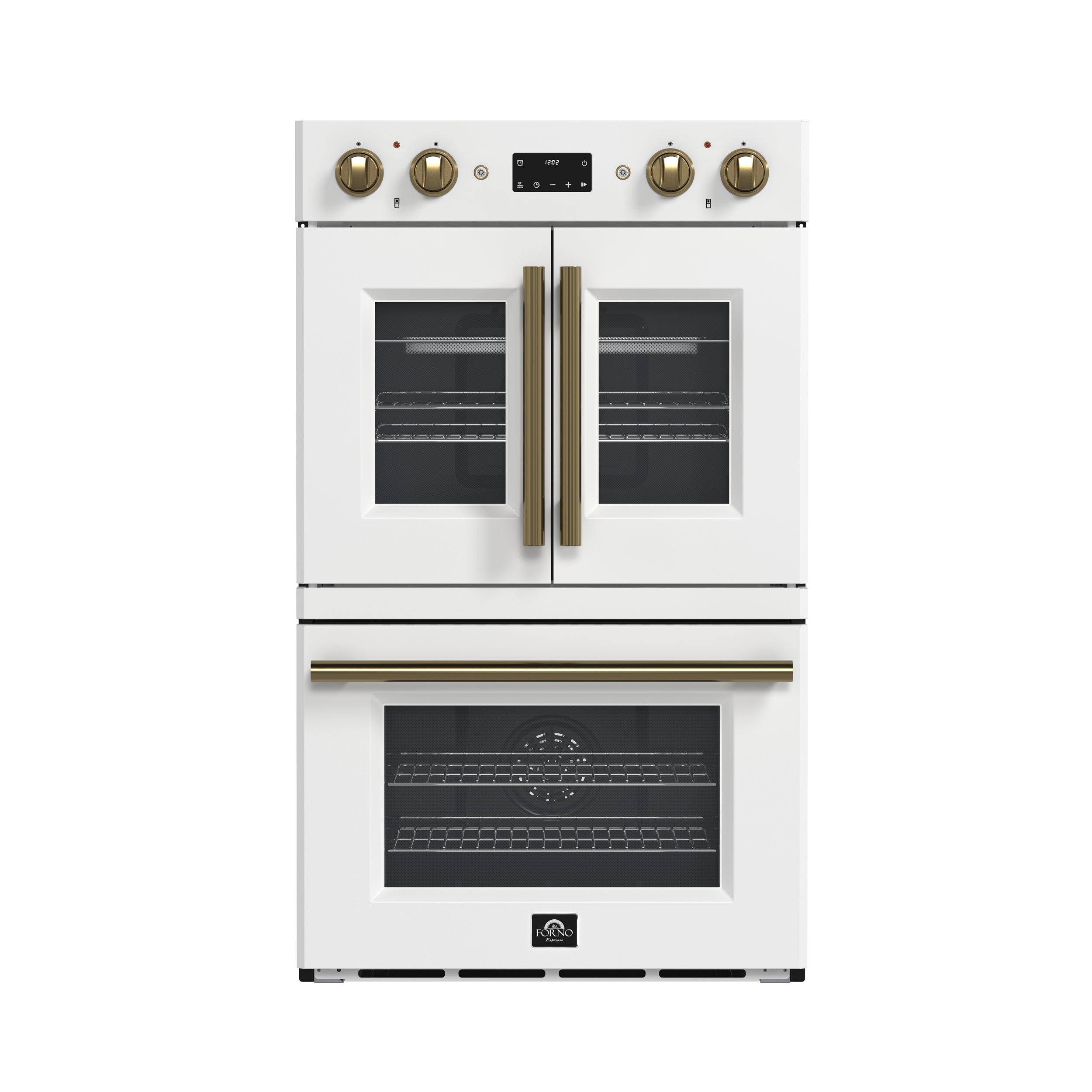 Forno Asti 30-Inch Double Electric Wall Oven with Upper French Doors in White & Antique Brass, 7.36 cu. ft. Dual True Convection, 7,200W, Air Fry, Sous Vide, Self-Clean - BonPrix Électroménagers