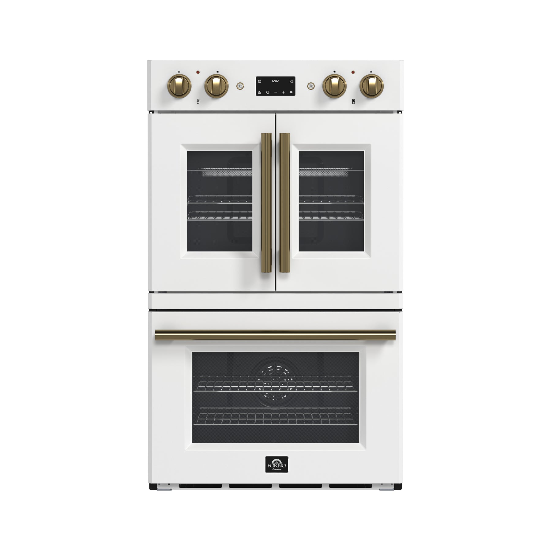 Forno Asti 30-Inch Double Electric Wall Oven with Upper French Doors in White & Antique Brass, 7.36 cu. ft. Dual True Convection, 7,200W, Air Fry, Sous Vide, Self-Clean - BonPrix Électroménagers