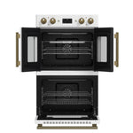 Forno Asti 30-Inch Double Electric Wall Oven with Upper French Doors in White & Antique Brass, 7.36 cu. ft. Dual True Convection, 7,200W, Air Fry, Sous Vide, Self-Clean - BonPrix Électroménagers