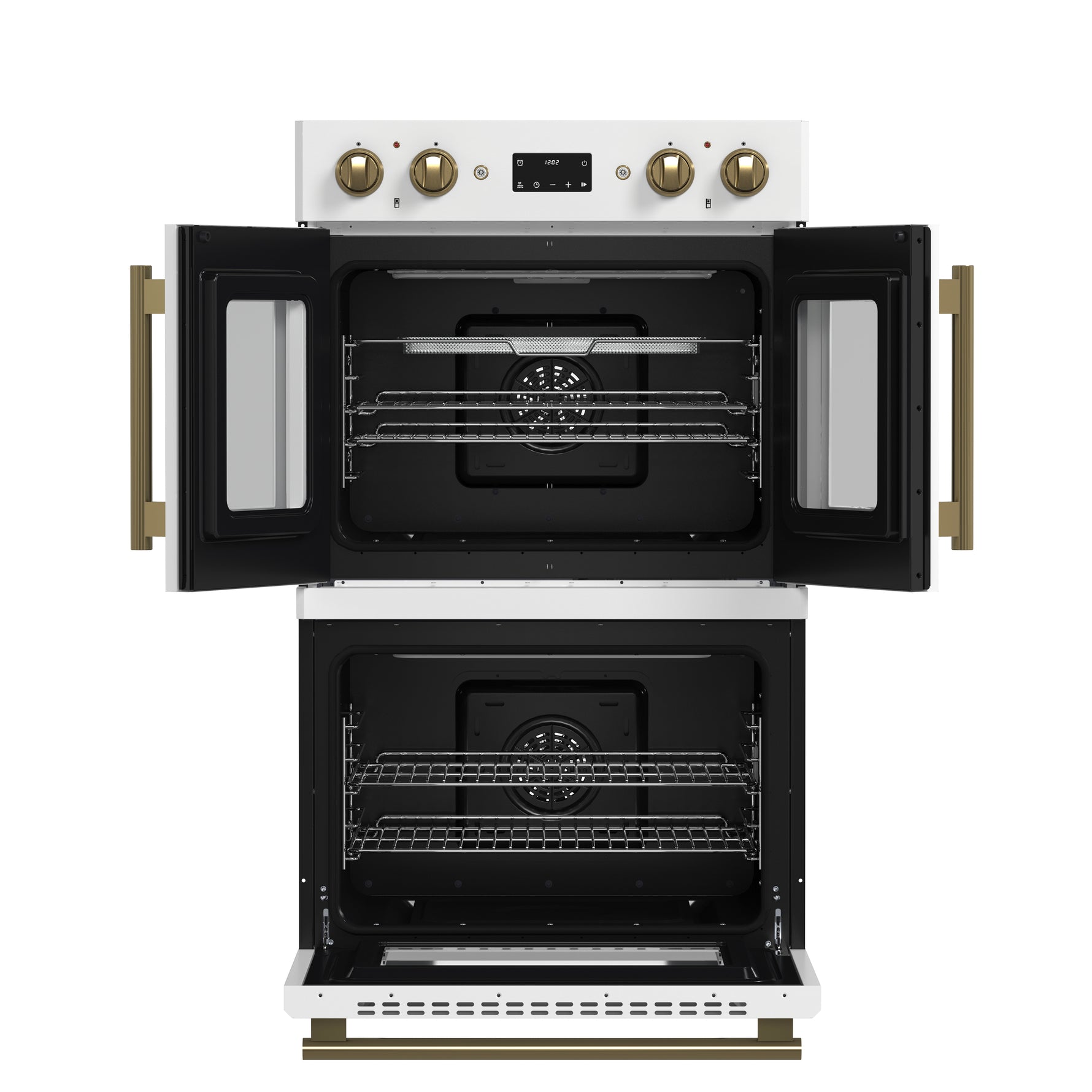 Forno Asti 30-Inch Double Electric Wall Oven with Upper French Doors in White & Antique Brass, 7.36 cu. ft. Dual True Convection, 7,200W, Air Fry, Sous Vide, Self-Clean - BonPrix Électroménagers