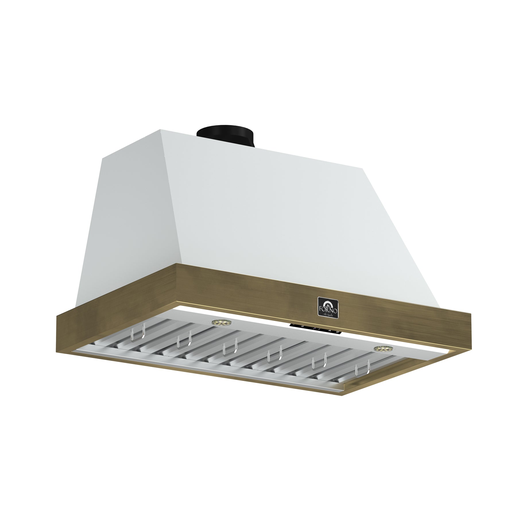 Forno Vittorio 36-Inch Wall Mount Range Hood, White with Antique Brass Trim, 600 CFM Airflow, Dishwasher-Safe Baffle Filters, Remote Control, 3-Speed Fan, Bright LED Lighting. - BonPrix Électroménagers