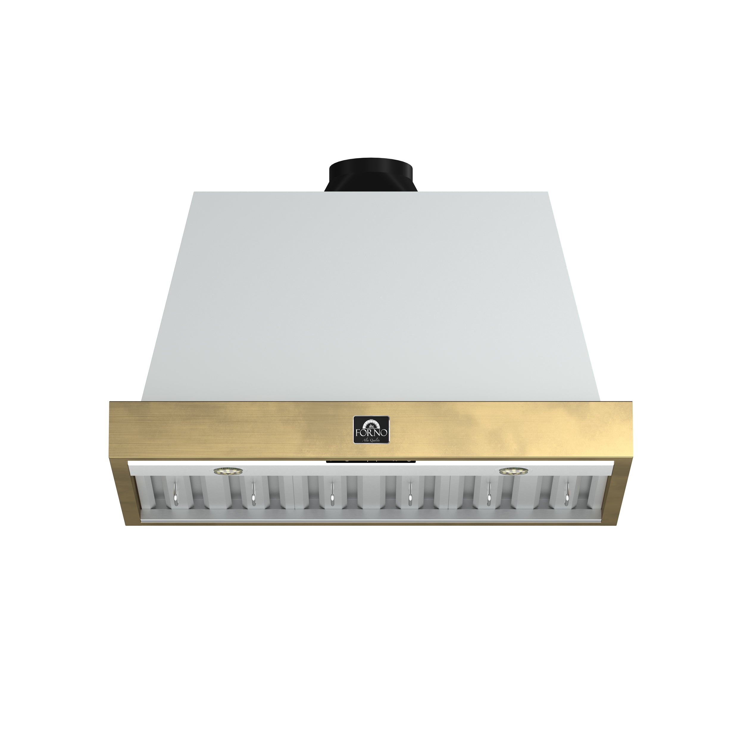 Forno Vittorio 36-Inch Wall Mount Range Hood, White with Antique Brass Trim, 600 CFM Airflow, Dishwasher-Safe Baffle Filters, Remote Control, 3-Speed Fan, Bright LED Lighting. - BonPrix Électroménagers