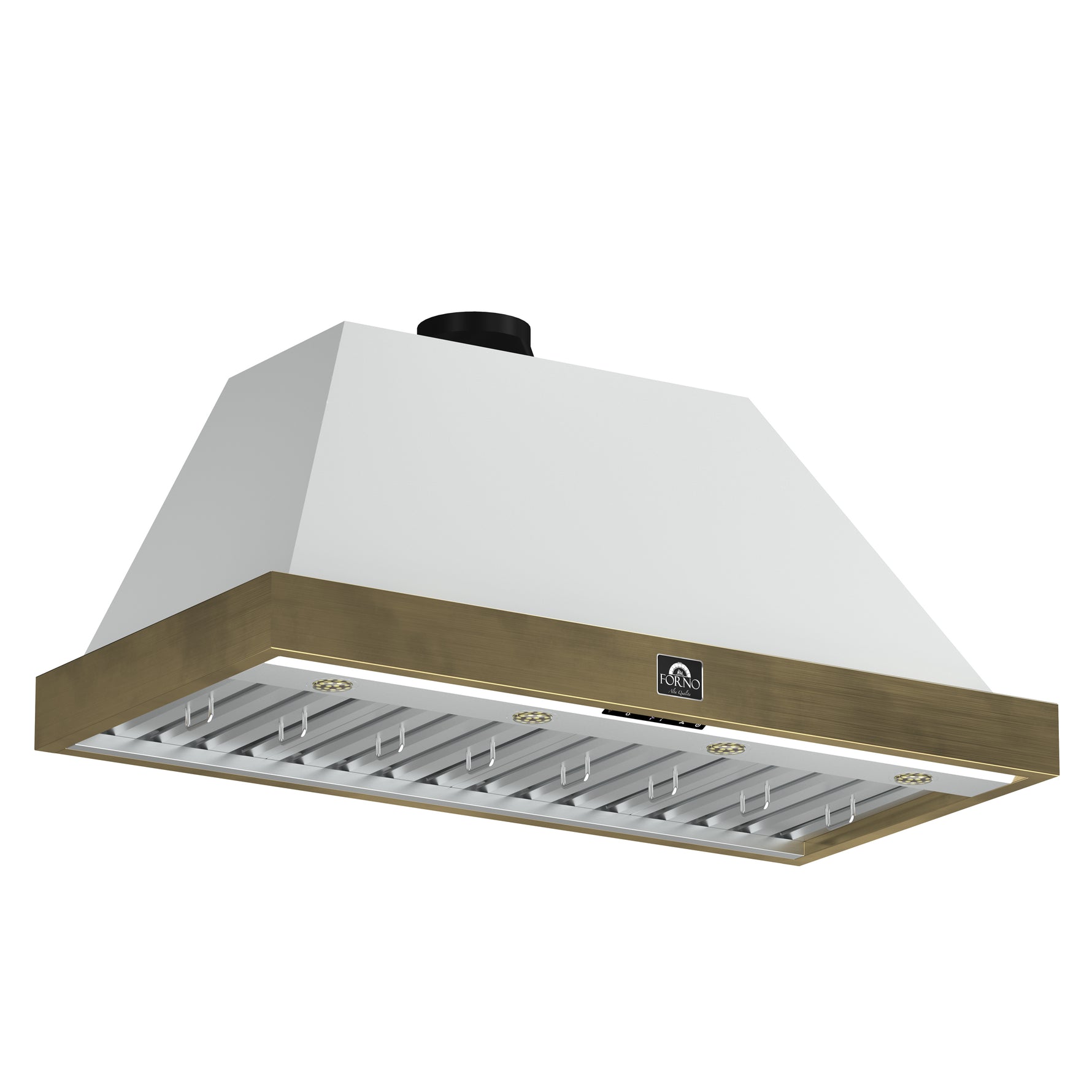 Forno Vittorio 48-Inch Wall Mount Range Hood, White with Antique Brass Trim, 600 CFM Airflow, Dishwasher-Safe Baffle Filters, Remote Control, 3-Speed Fan, Bright LED Lighting - BonPrix Électroménagers