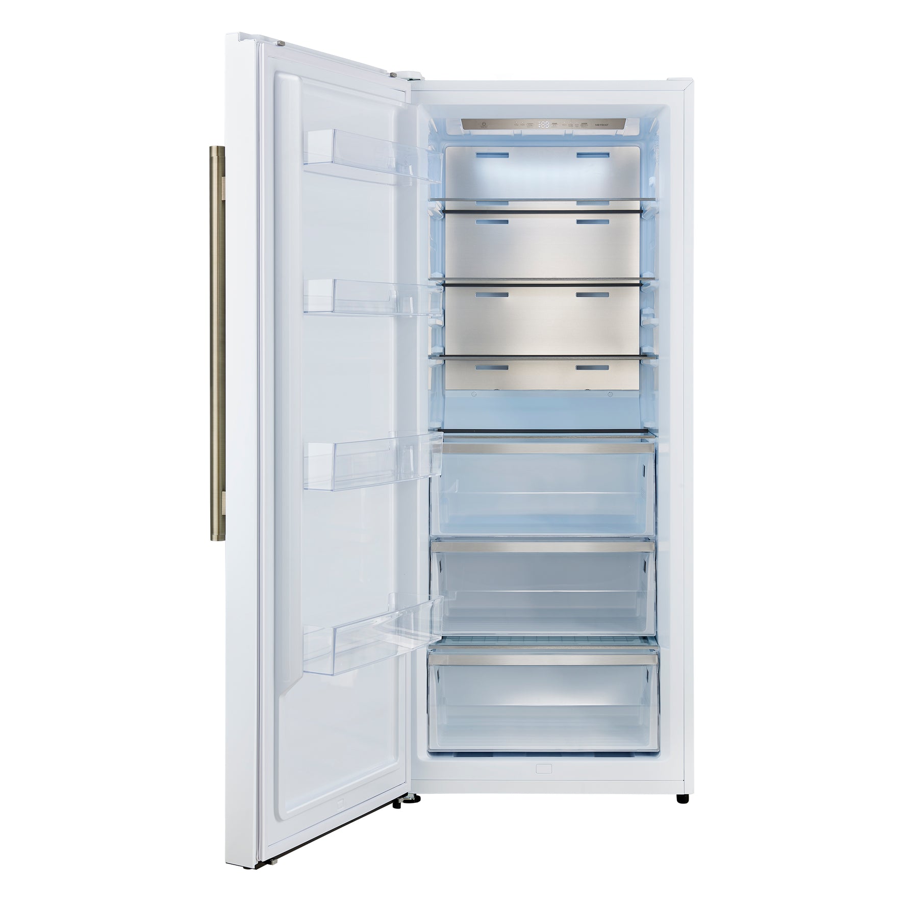 Forno Maderno 28-Inch Convertible Upright Freezer/Refrigerator in White with Antique Brass Handle, 13.6 cu.ft., Left Swing - BonPrix Électroménagers