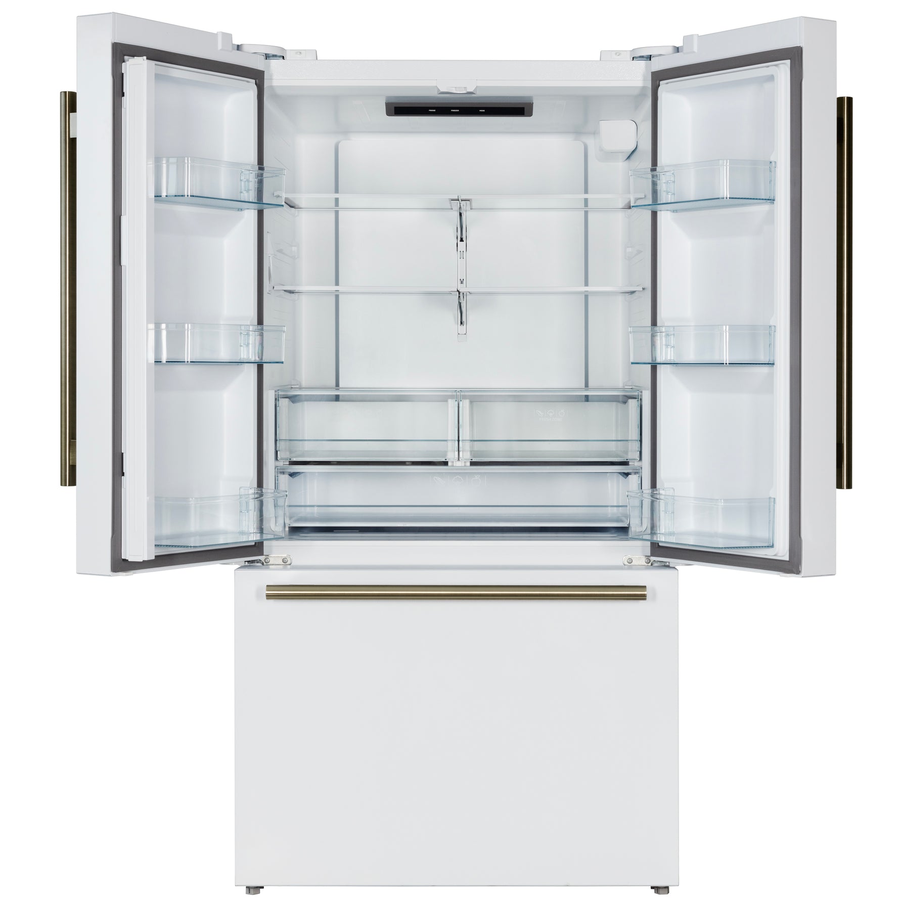 Forno Rivello 36 Inch French Door Refrigerator in White with Antique Brass, Internal Water Dispenser, Filtered Ice, Adjustable Shelves, Energy Star Certified - BonPrix Électroménagers
