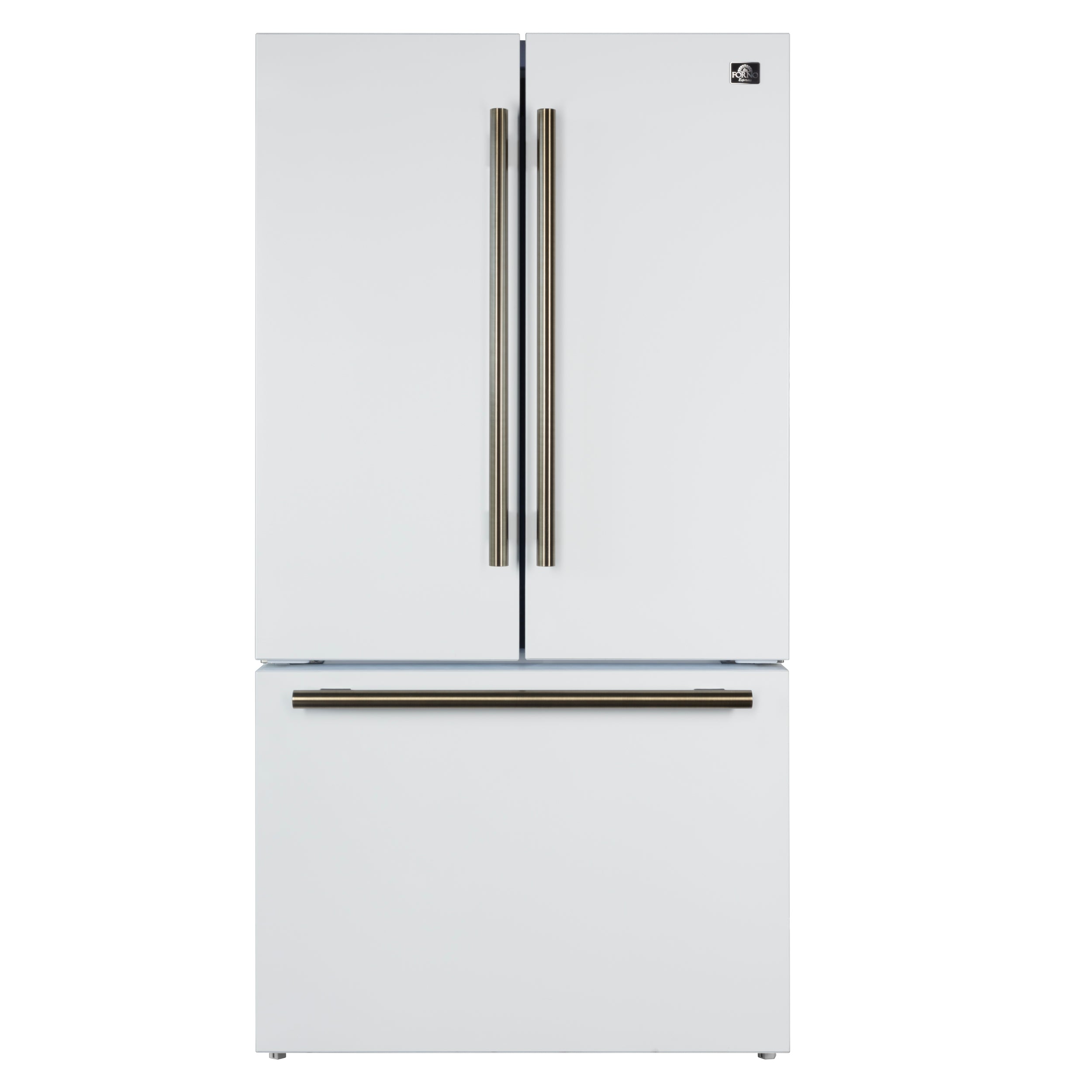 Forno Rivello 36 Inch French Door Refrigerator in White with Antique Brass, Internal Water Dispenser, Filtered Ice, Adjustable Shelves, Energy Star Certified - BonPrix Électroménagers