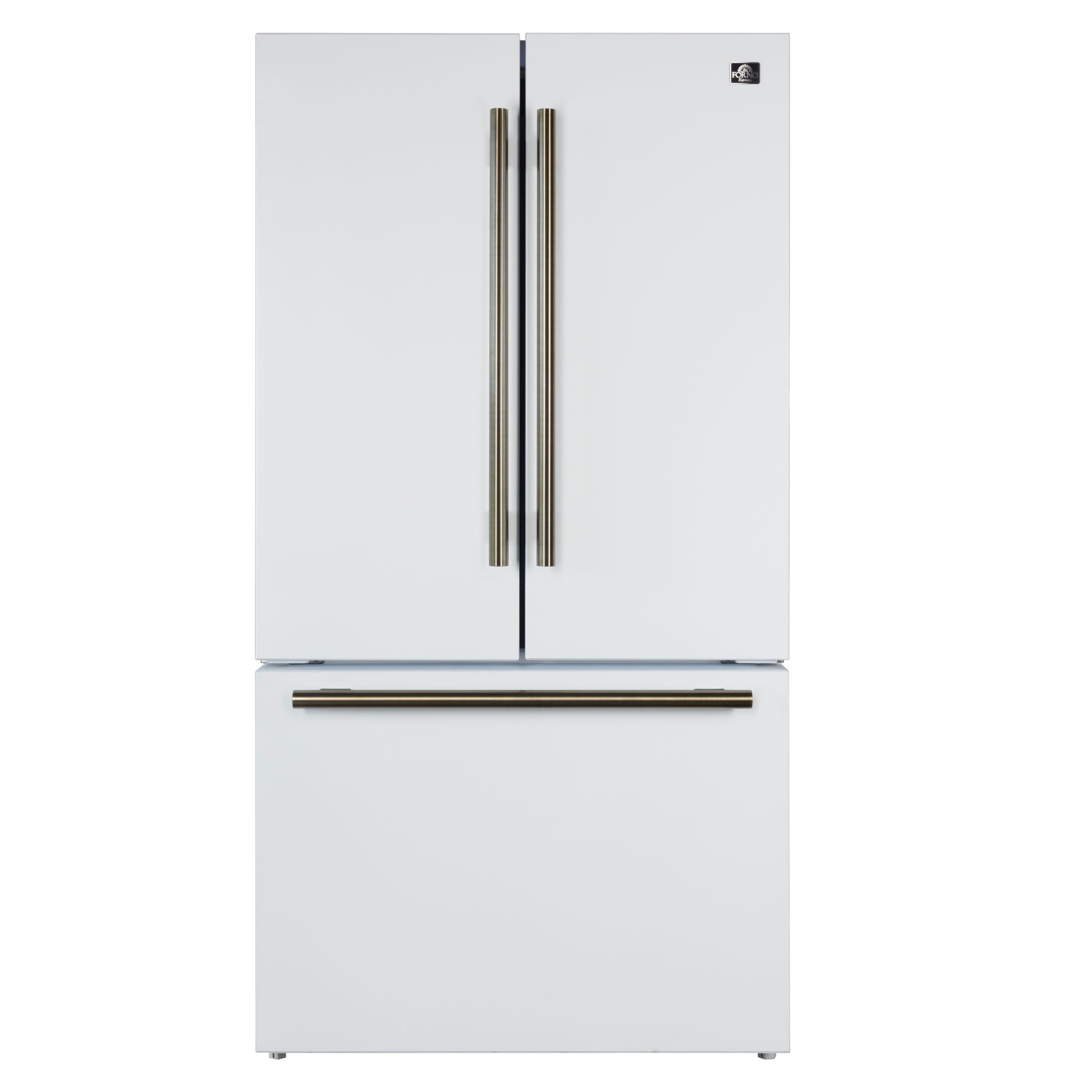 Forno Rivello 36 Inch French Door Refrigerator in White with Antique Brass, Internal Water Dispenser, Filtered Ice, Adjustable Shelves, Energy Star Certified - BonPrix Électroménagers
