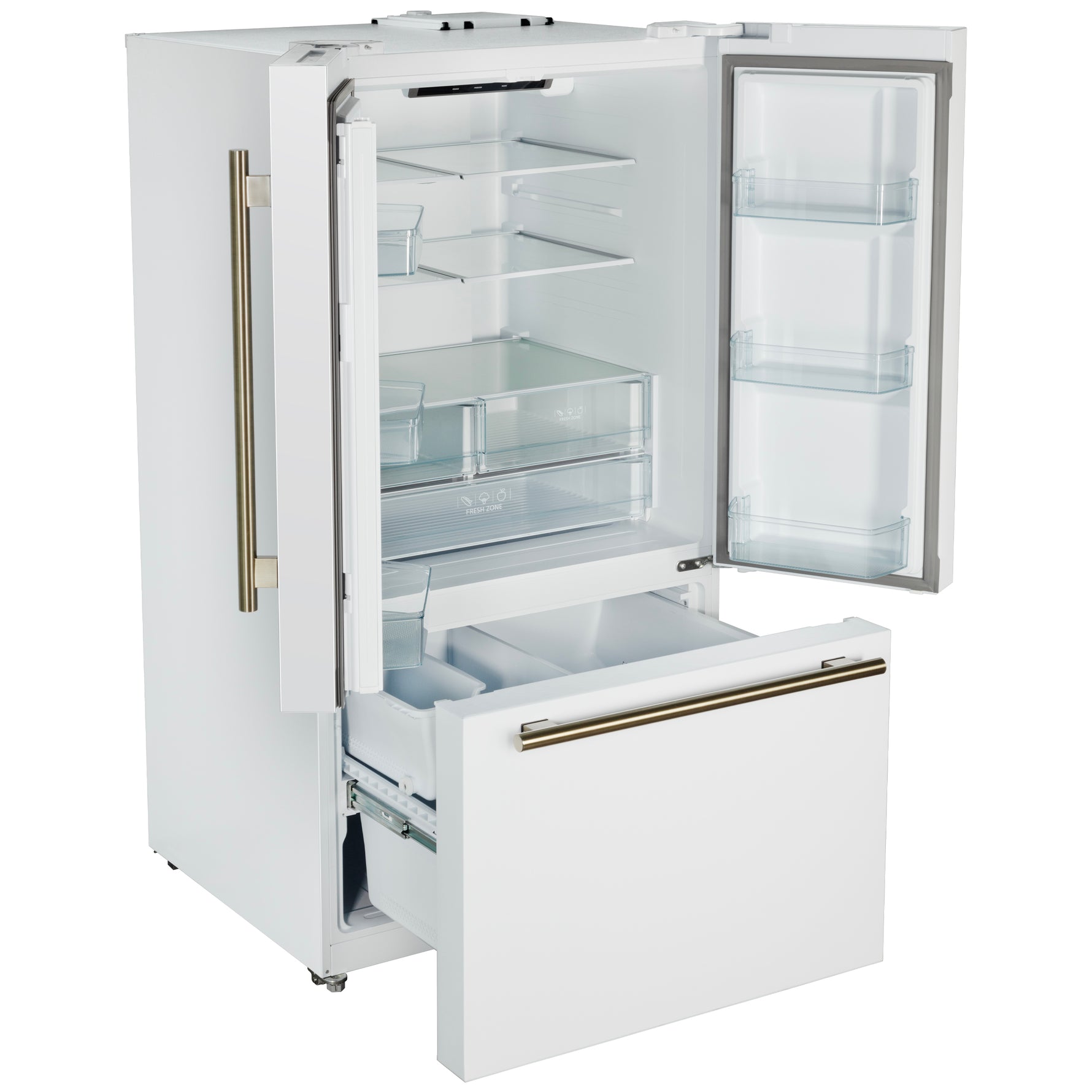 Forno Rivello 36 Inch French Door Refrigerator in White with Antique Brass, Internal Water Dispenser, Filtered Ice, Adjustable Shelves, Energy Star Certified - BonPrix Électroménagers