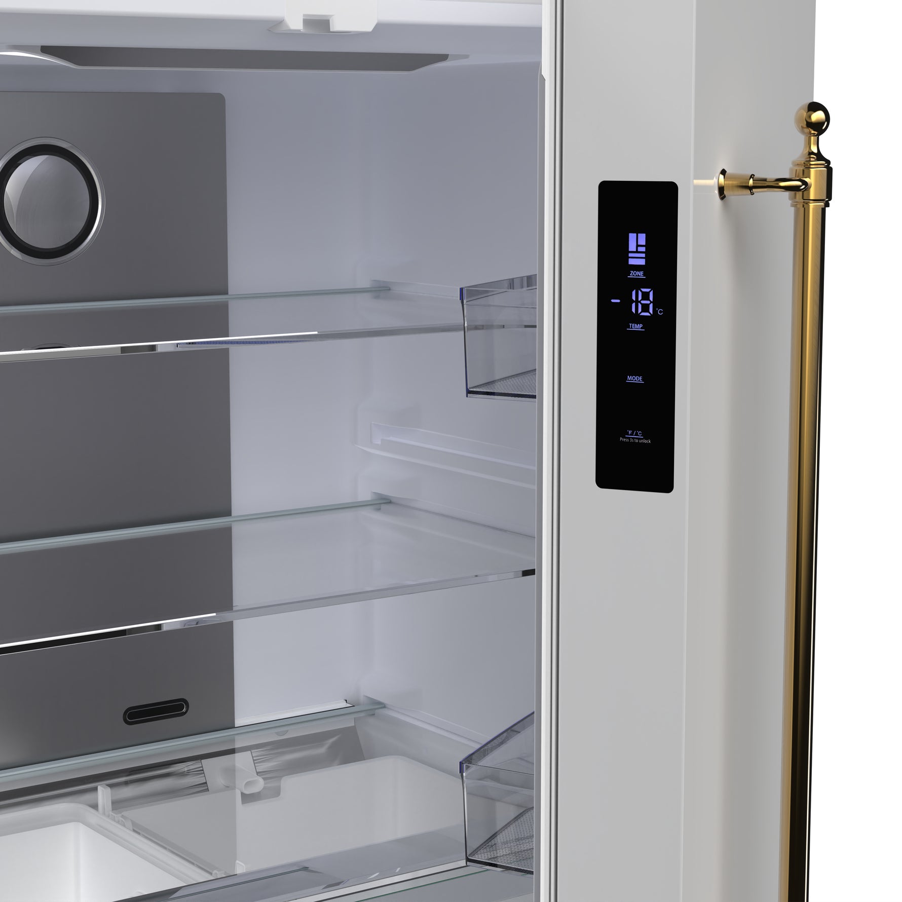 Forno Luigi 33-Inch French Door Refrigerator, 18 cu.ft, White Finish, Antique Brass Handles, ENERGY STAR Certified - BonPrix Électroménagers