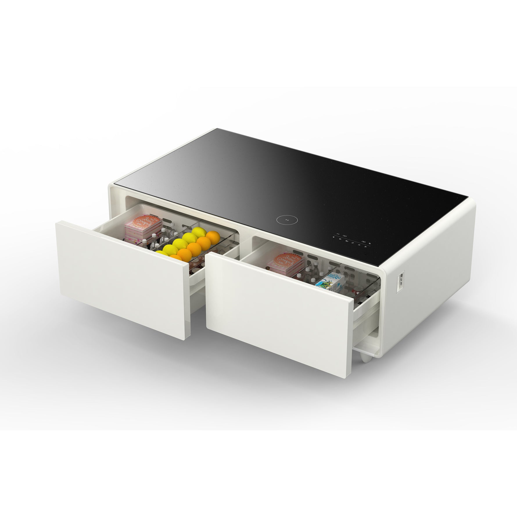 Forno Evoluto Tavolo 51-Inch White Smart Coffee Table – Dual Refrigerator Drawers, Bluetooth 5.0 Audio, Wireless Charging & RGB Ambient Light - BonPrix Électroménagers