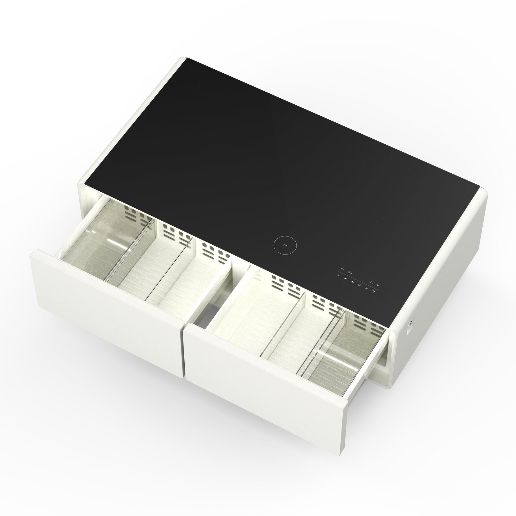 Forno Evoluto Tavolo 51-Inch White Smart Coffee Table – Dual Refrigerator Drawers, Bluetooth 5.0 Audio, Wireless Charging & RGB Ambient Light - BonPrix Électroménagers