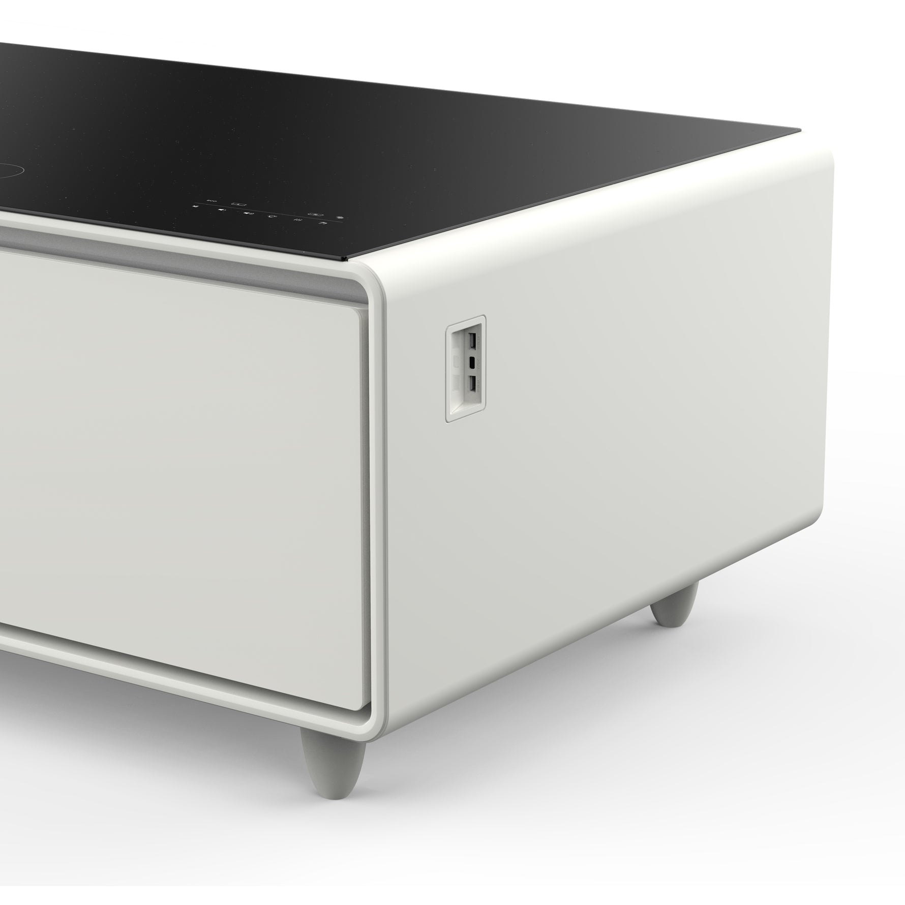 Forno Evoluto Tavolo 51-Inch White Smart Coffee Table – Dual Refrigerator Drawers, Bluetooth 5.0 Audio, Wireless Charging & RGB Ambient Light - BonPrix Électroménagers