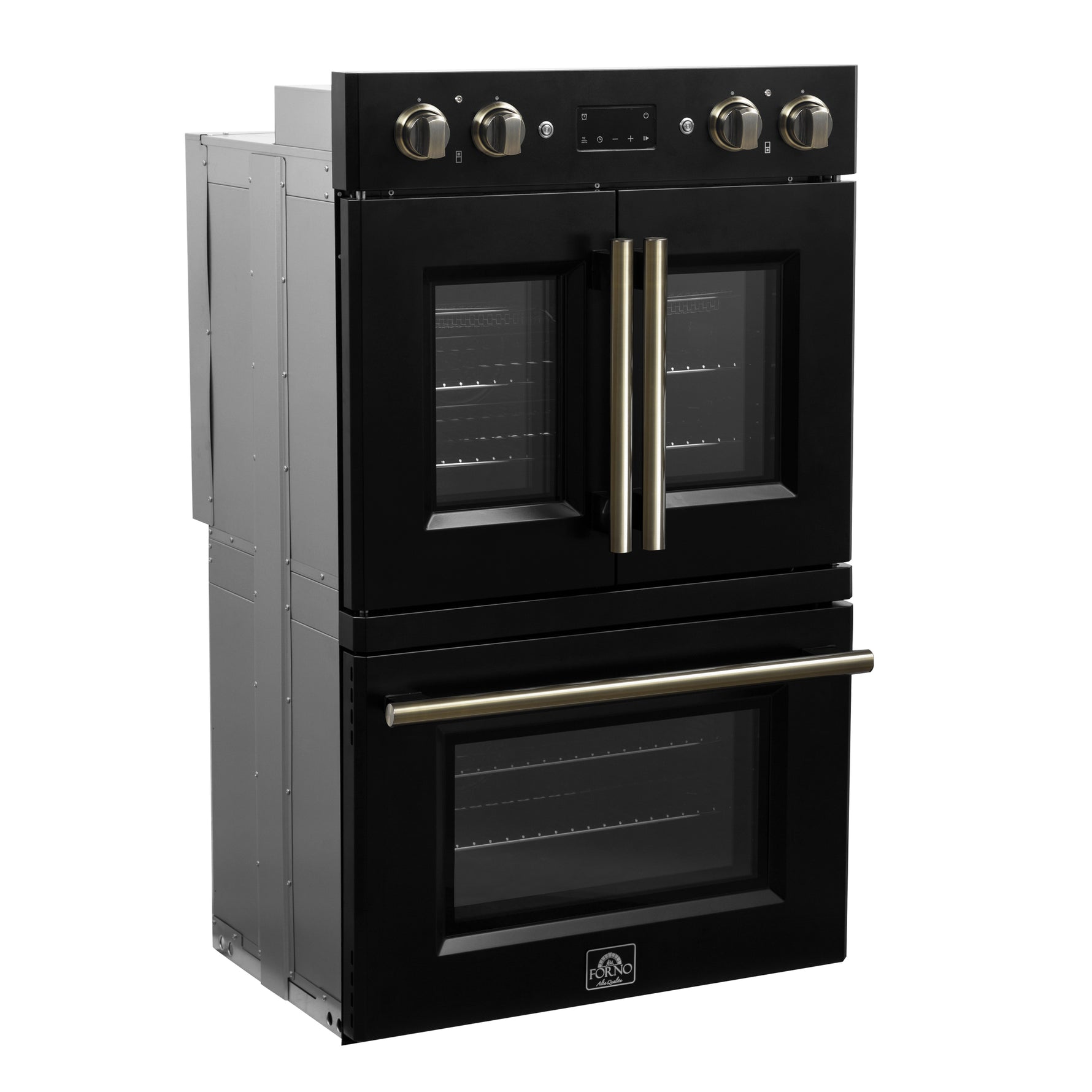 Forno Asti 30-Inch Double Electric Wall Oven with Upper French Doors in Black & Antique Brass, 7.36 cu. ft. Dual True Convection, 7,200W, Air Fry, Sous Vide, Self-Clean - BonPrix Électroménagers