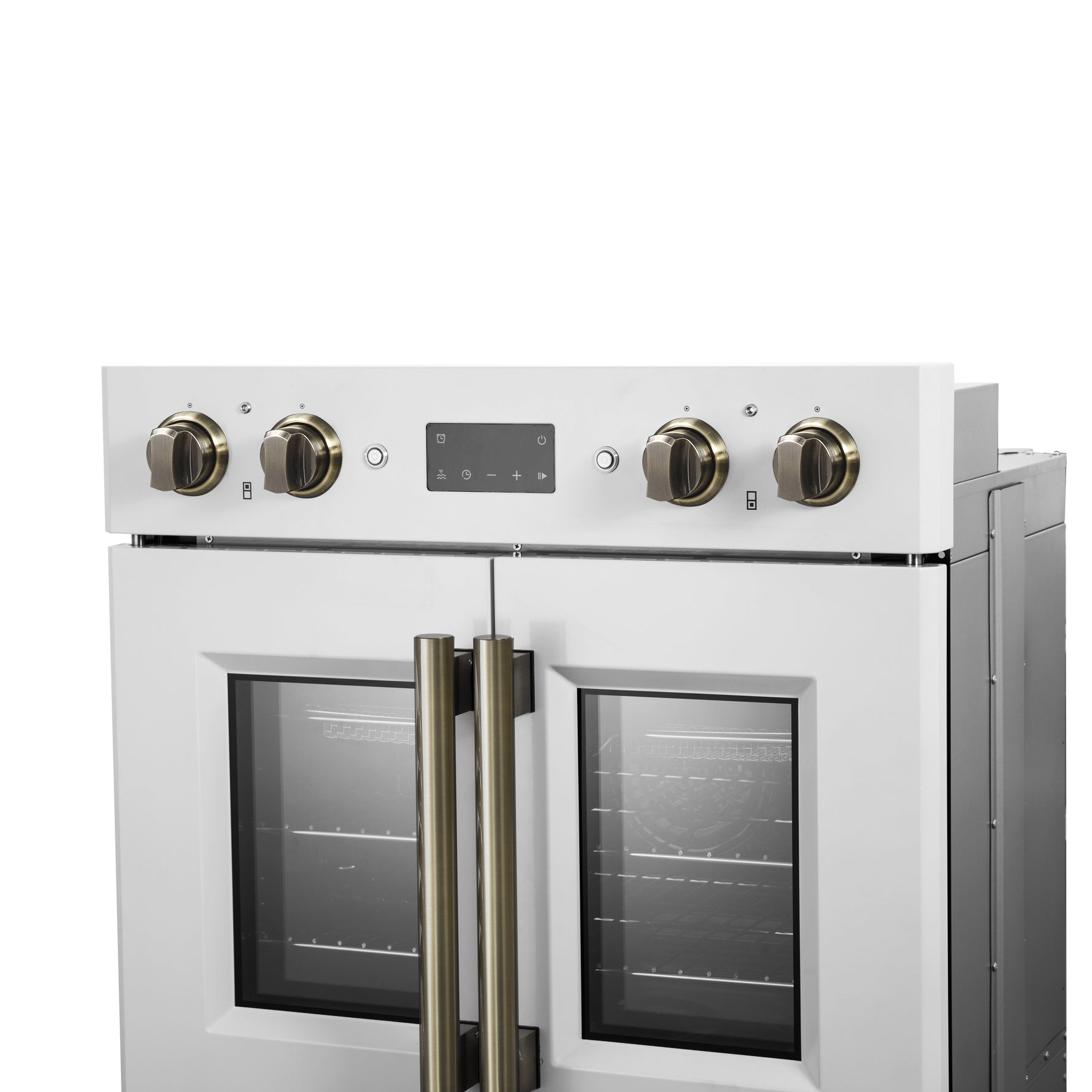 Forno Asti 30-Inch Double Electric Wall Oven with Upper French Doors in White & Antique Brass, 7.36 cu. ft. Dual True Convection, 7,200W, Air Fry, Sous Vide, Self-Clean - BonPrix Électroménagers