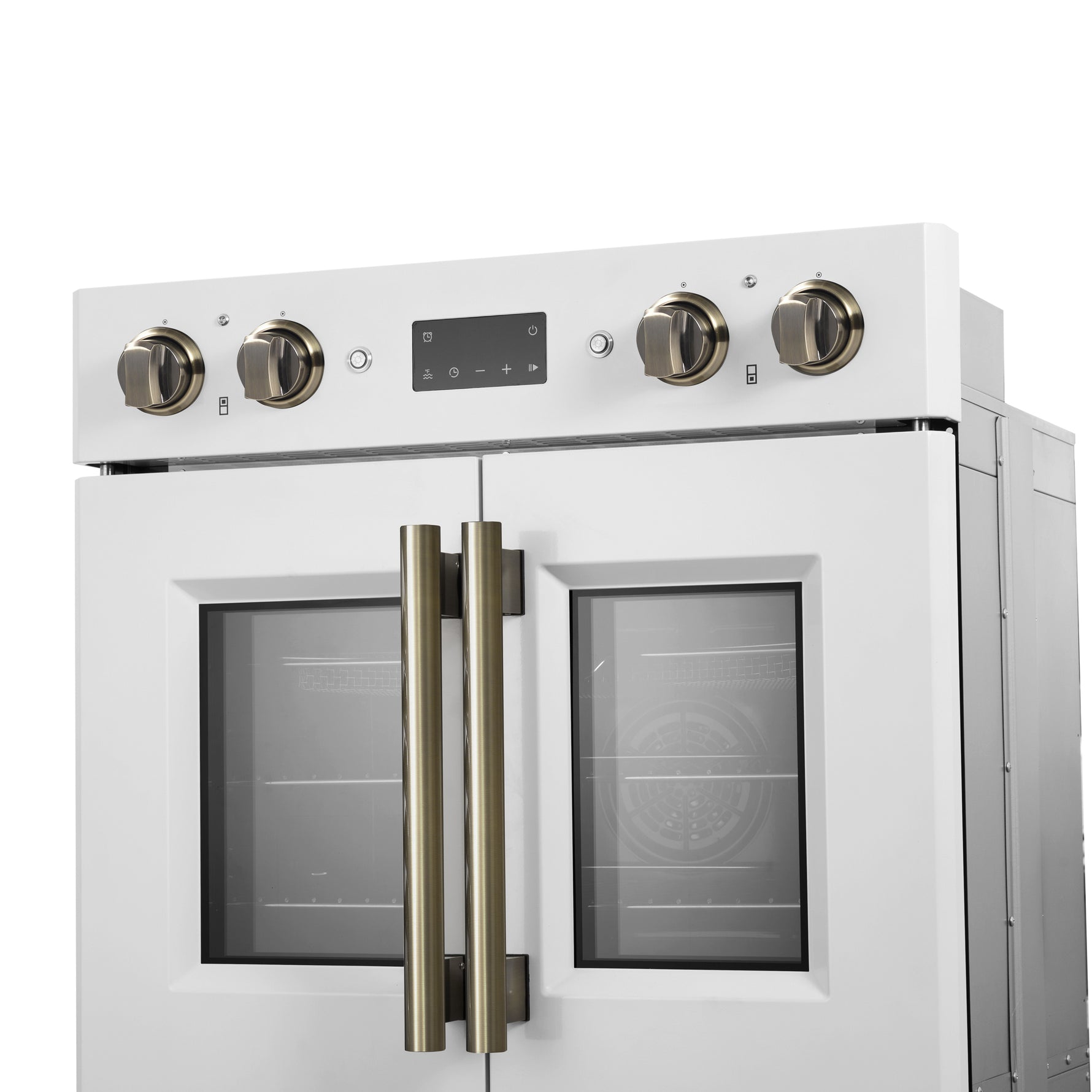 Forno Asti 30-Inch Double Electric Wall Oven with Upper French Doors in White & Antique Brass, 7.36 cu. ft. Dual True Convection, 7,200W, Air Fry, Sous Vide, Self-Clean - BonPrix Électroménagers