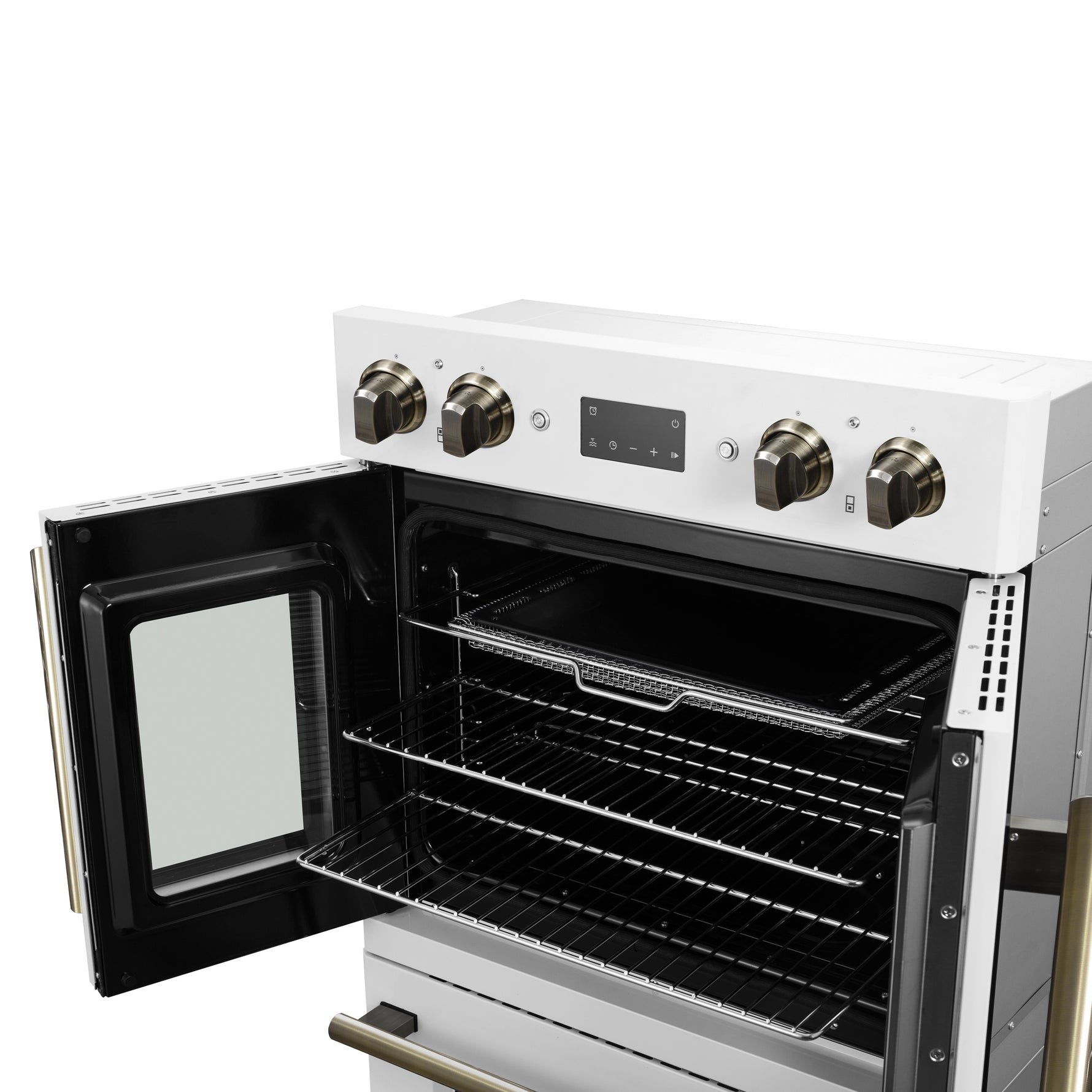 Forno Asti 30-Inch Double Electric Wall Oven with Upper French Doors in White & Antique Brass, 7.36 cu. ft. Dual True Convection, 7,200W, Air Fry, Sous Vide, Self-Clean - BonPrix Électroménagers
