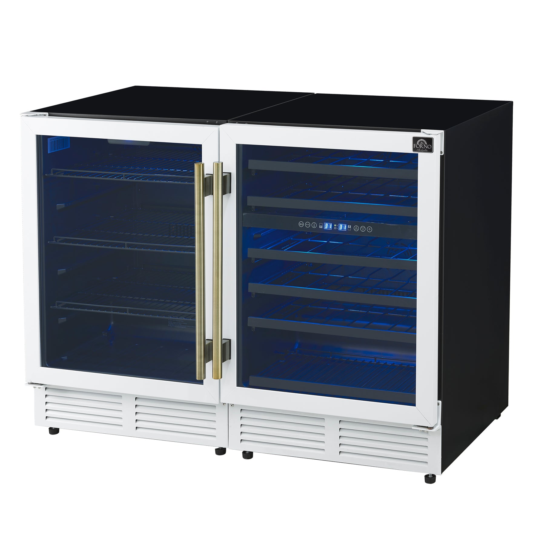 Gemello 48 Inch Side-by-Side Wine and Beverage Cooler in White with Antique Brass Handles, French Door, 9.6 cu. ft. - BonPrix Électroménagers
