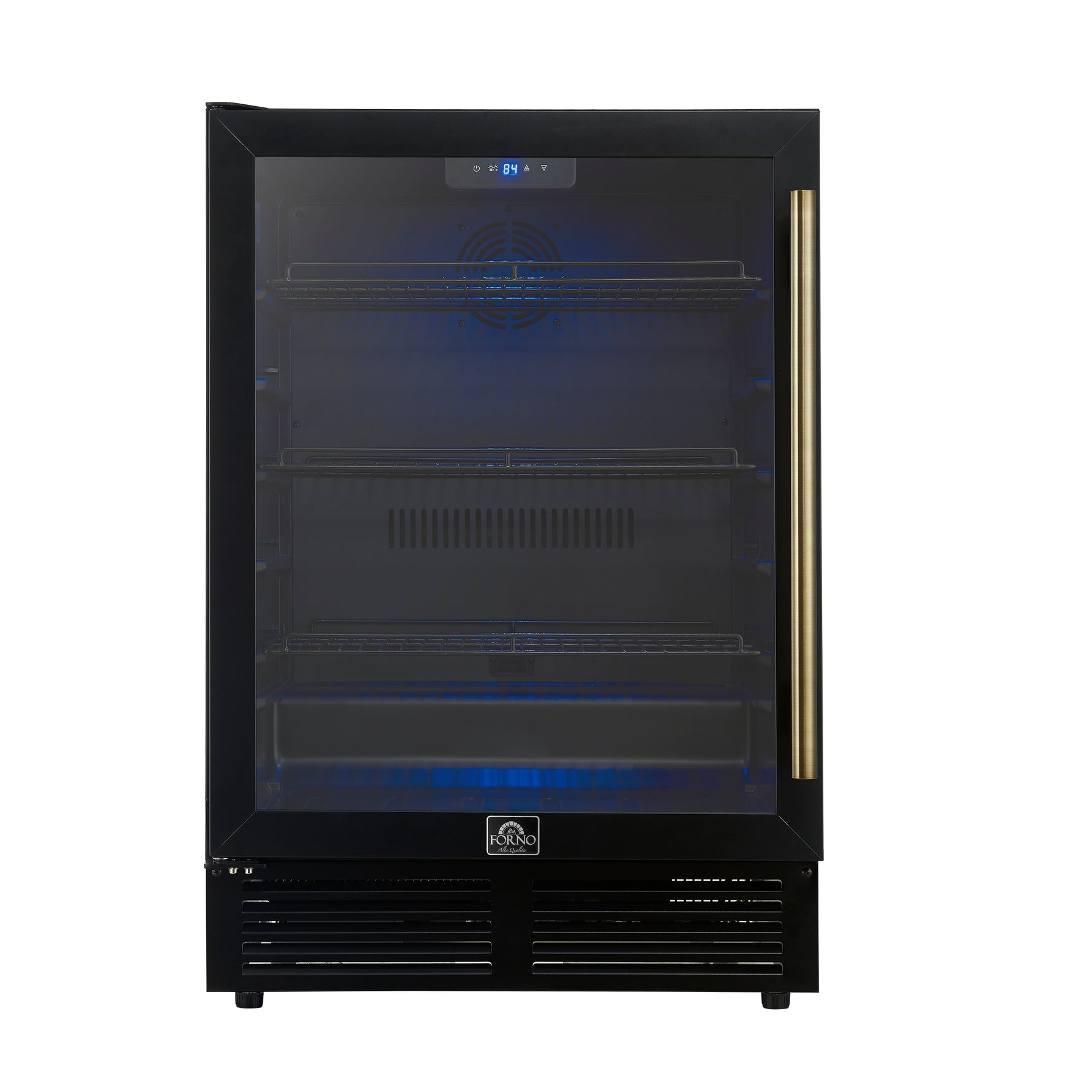 Forno Frescolino 24 Inch Beverage Cooler, Black with Antique Brass Handles, with LED Lighting, Triple Glass Door, 188 Can Capacity, Built-In or Freestanding - BonPrix Électroménagers