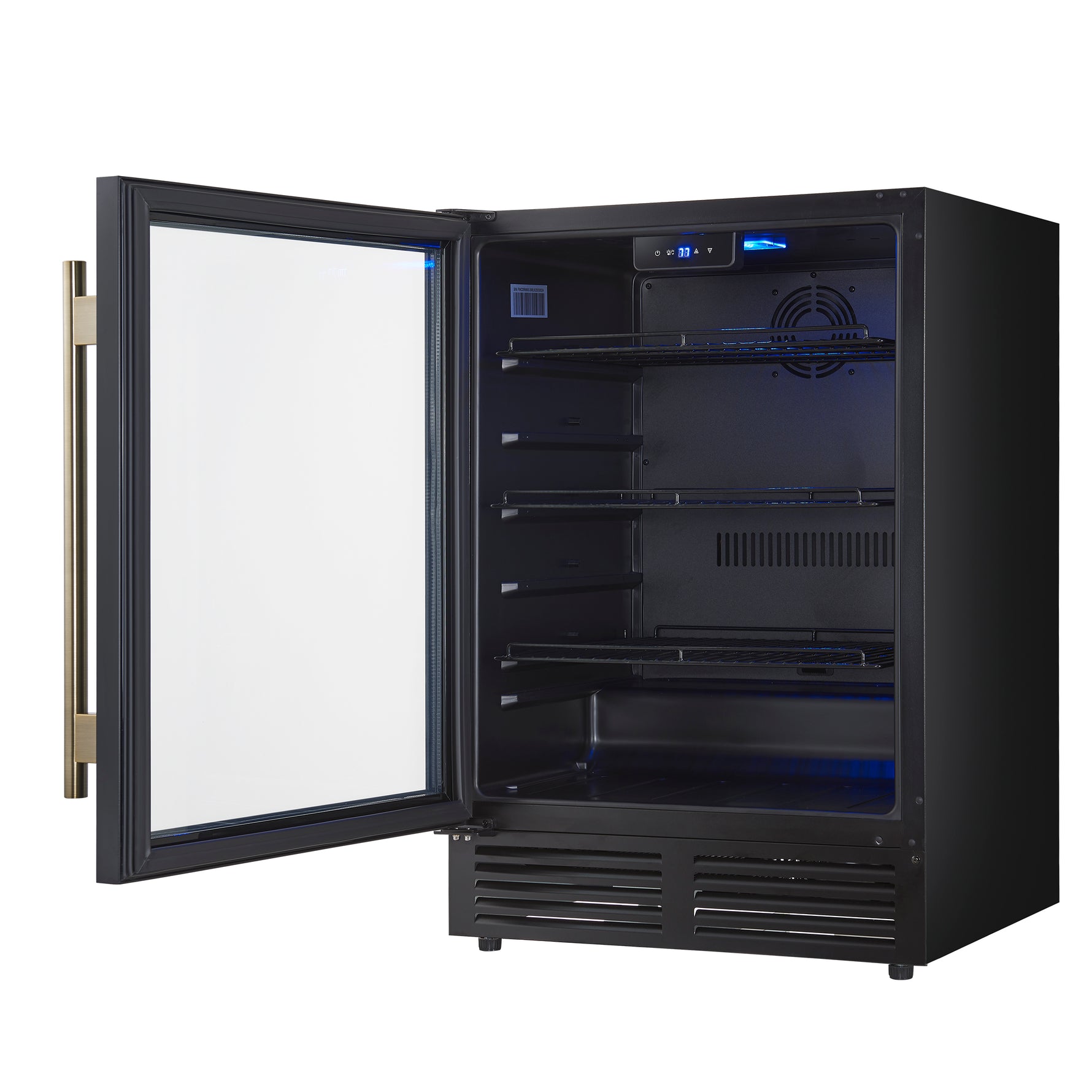 Forno Frescolino 24 Inch Beverage Cooler, Black with Antique Brass Handles, with LED Lighting, Triple Glass Door, 188 Can Capacity, Built-In or Freestanding - BonPrix Électroménagers