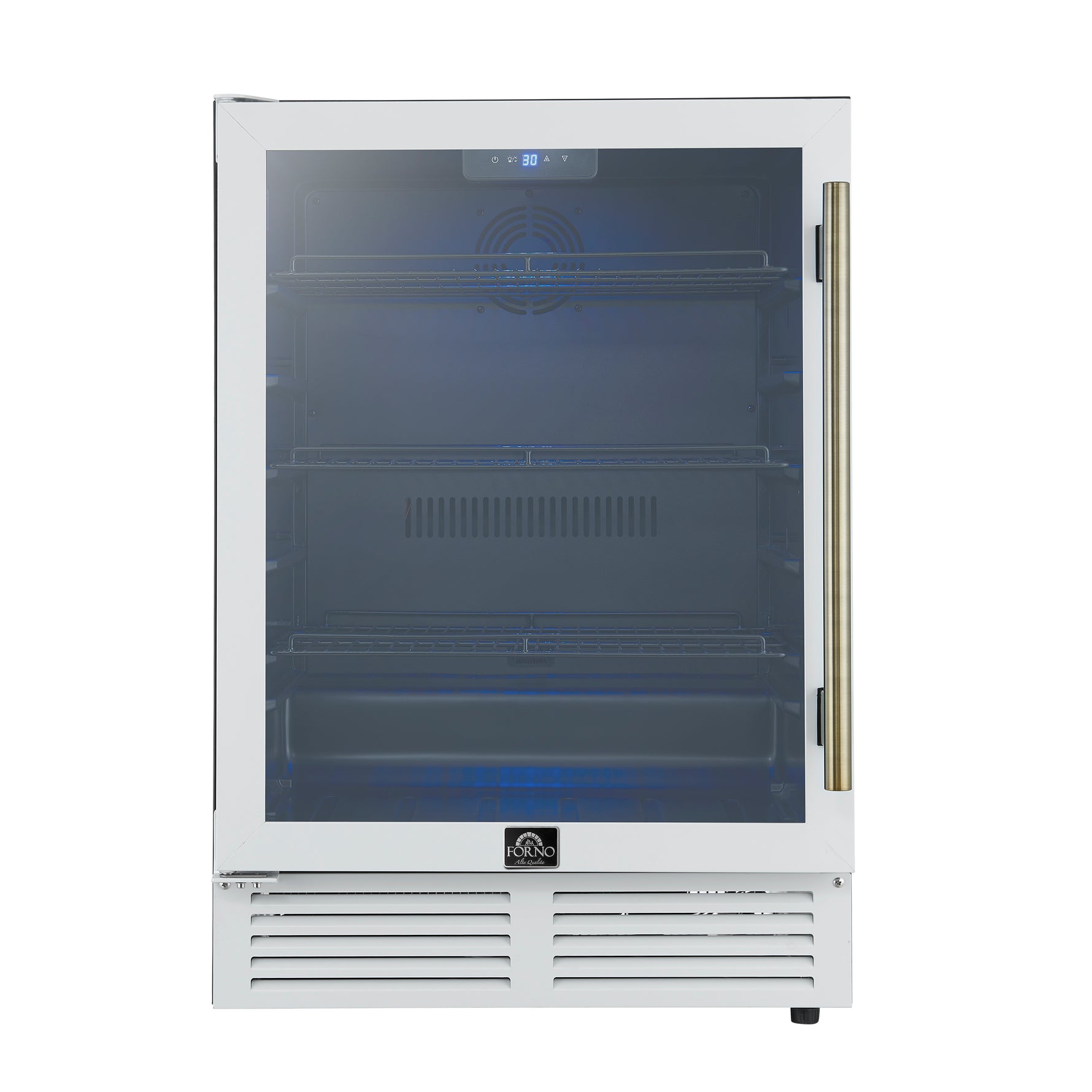 Forno Frescolino 24 Inch Beverage Cooler, White with Antique Brass Handles, with LED Lighting, Triple Glass Door, 188 Can Capacity, Built-In or Freestanding - BonPrix Électroménagers